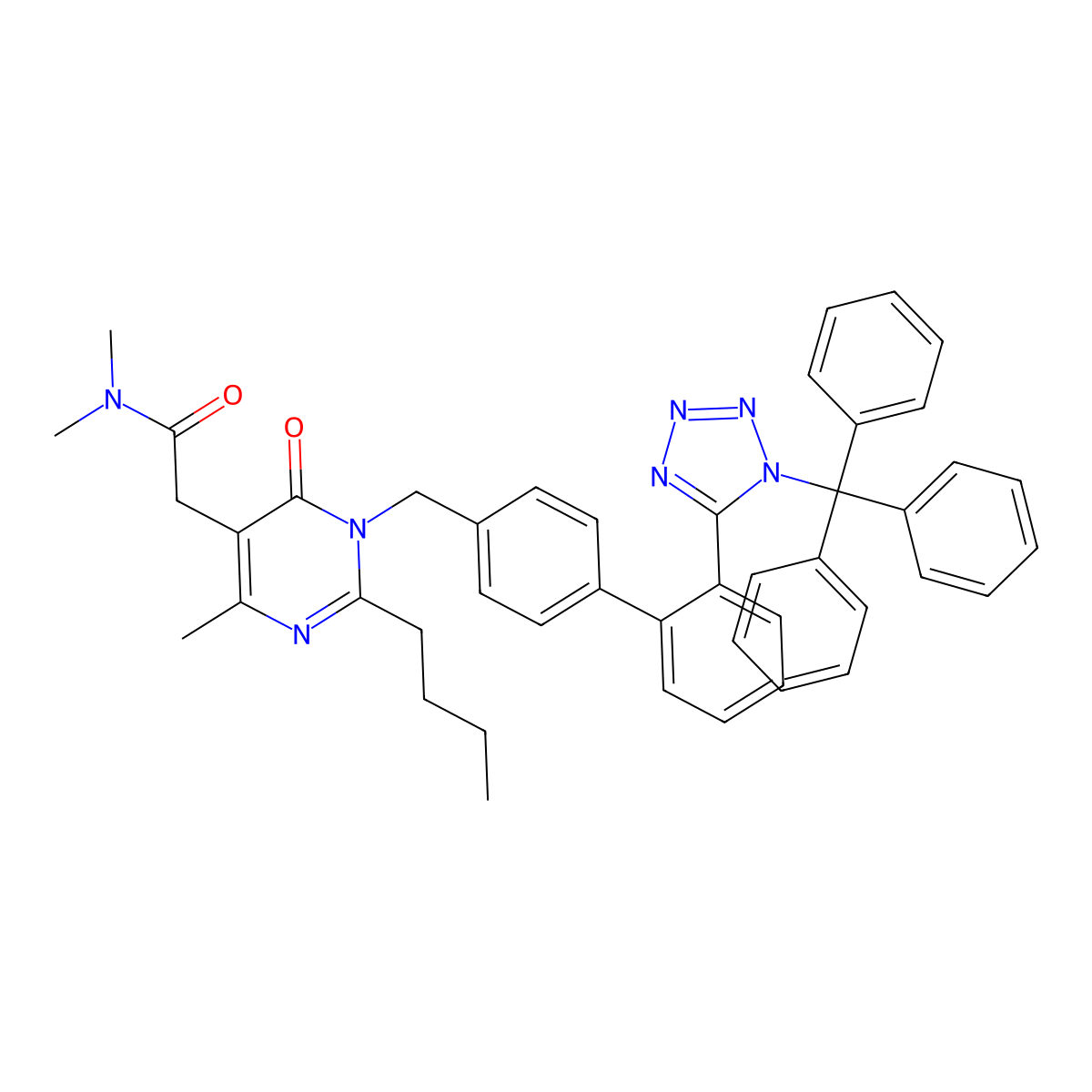 2-(2-butyl-4-methyl-6-oxo-1-((2'-(1-trityl-1H-tetrazol-5-yl)-[1,1'-biphenyl]-4-yl)methyl)-1,6-dihydropyrimidin-5-yl)-N,N-dimethylacetamide molecular structure, CAS 503155-67-7