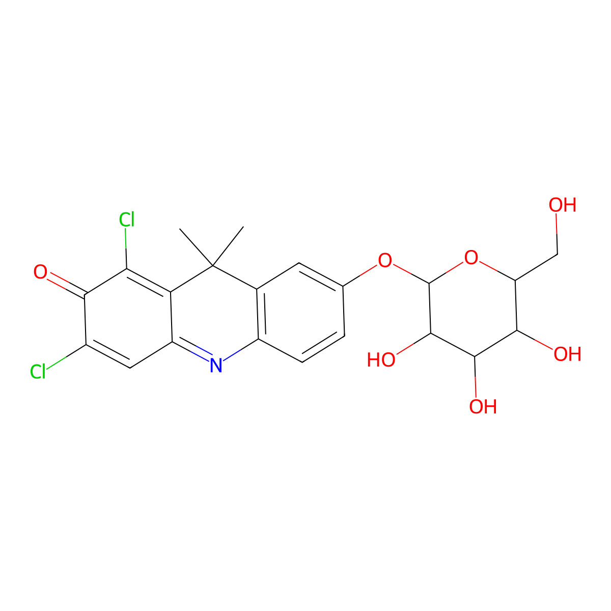 1,3-Dichloro-9,9-dimethyl-7-(((2S,3R,4S,5R,6R)-3,4,5-trihydroxy-6-(hydroxymethyl)tetrahydro-2H-pyran-2-yl)oxy)acridin-2(9H)-one molecular structure, CAS 503178-95-8