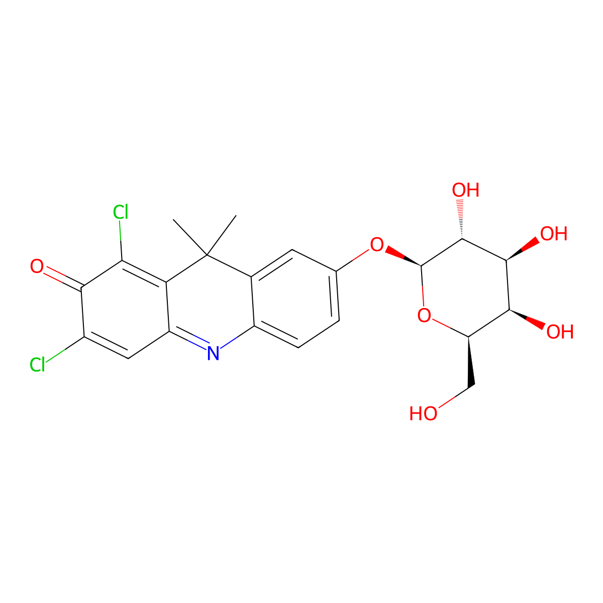 1,3-Dichloro-9,9-dimethyl-7-(((2S,3R,4S,5R,6R)-3,4,5-trihydroxy-6-(hydroxymethyl)tetrahydro-2H-pyran-2-yl)oxy)acridin-2(9H)-one molecular structure, CAS 503178-95-8