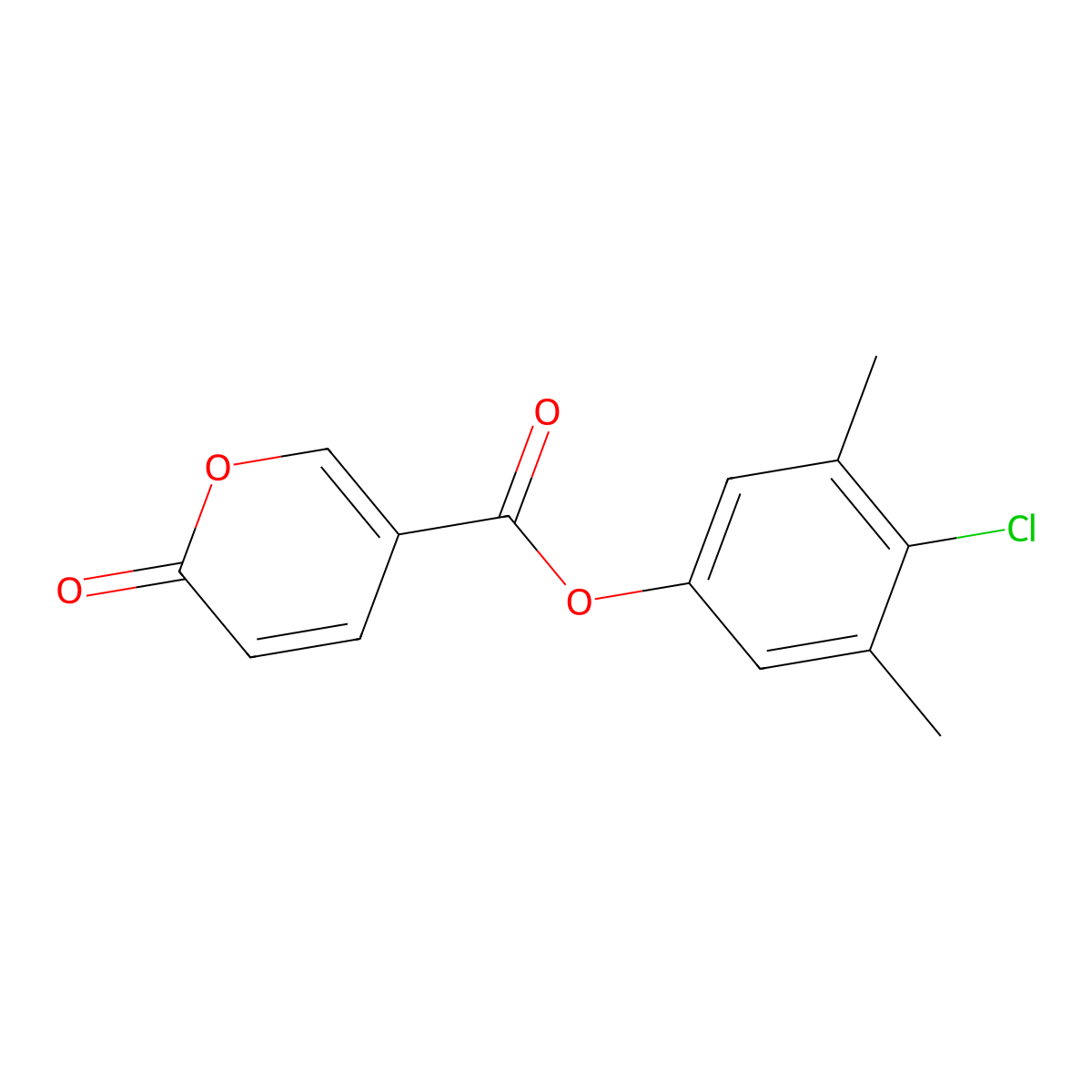 2H-Pyran-5-carboxylic acid, 2-oxo-, 4-chloro-3,5-dimethylphenyl ester molecular structure, CAS 503423-12-9