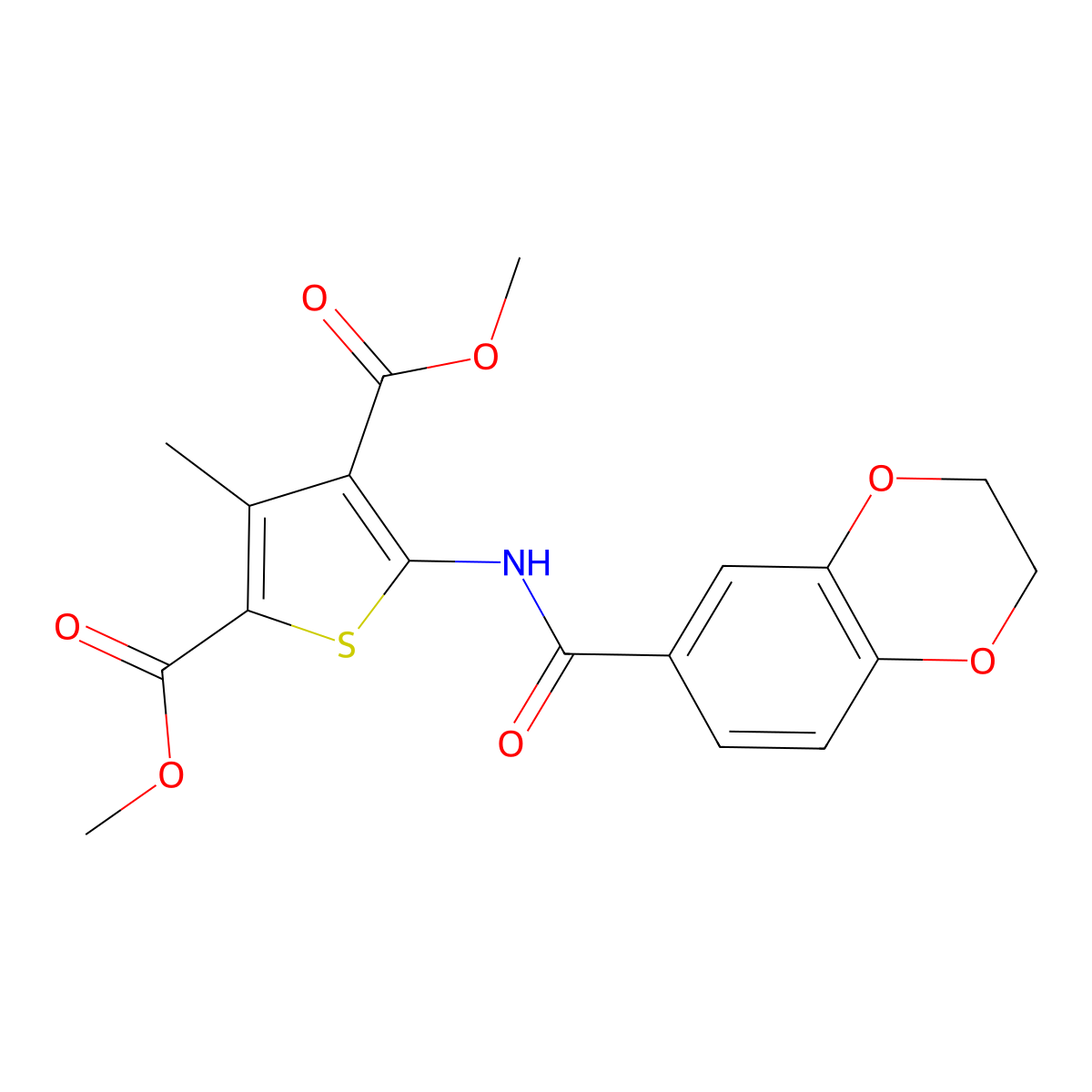 Dimethyl 5-(2,3-dihydro-1,4-benzodioxine-6-carbonylamino)-3-methylthiophene-2,4-dicarboxylate molecular structure, CAS 503431-54-7
