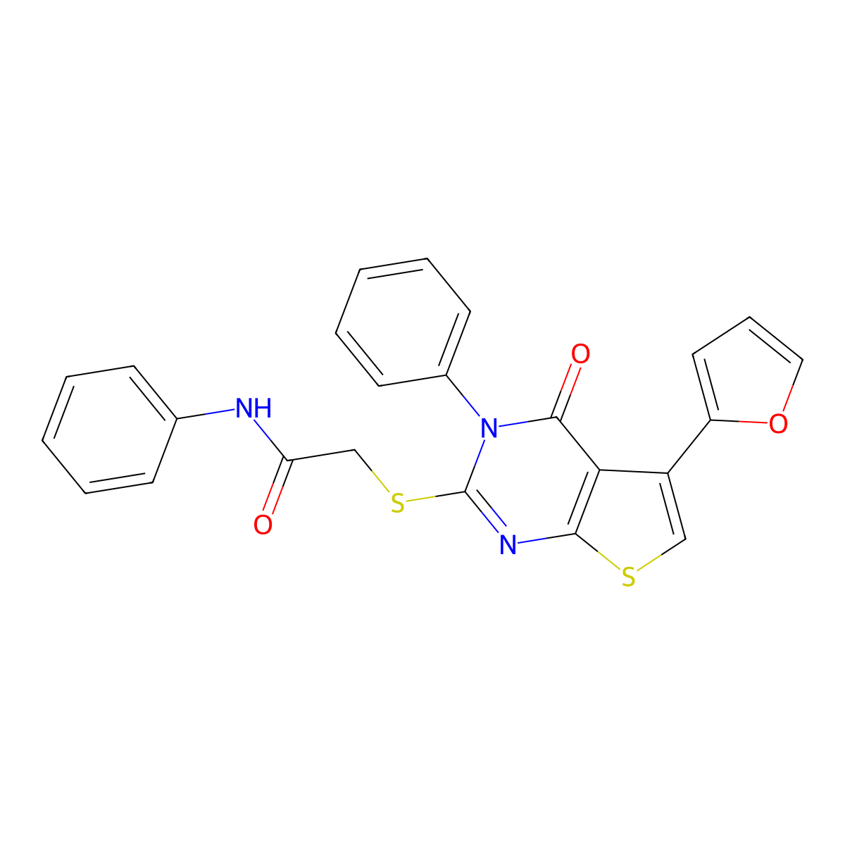2-((5-(furan-2-yl)-4-oxo-3-phenyl-3,4-dihydrothieno[2,3-d]pyrimidin-2-yl)thio)-N-phenylacetamide molecular structure, CAS 503431-86-5