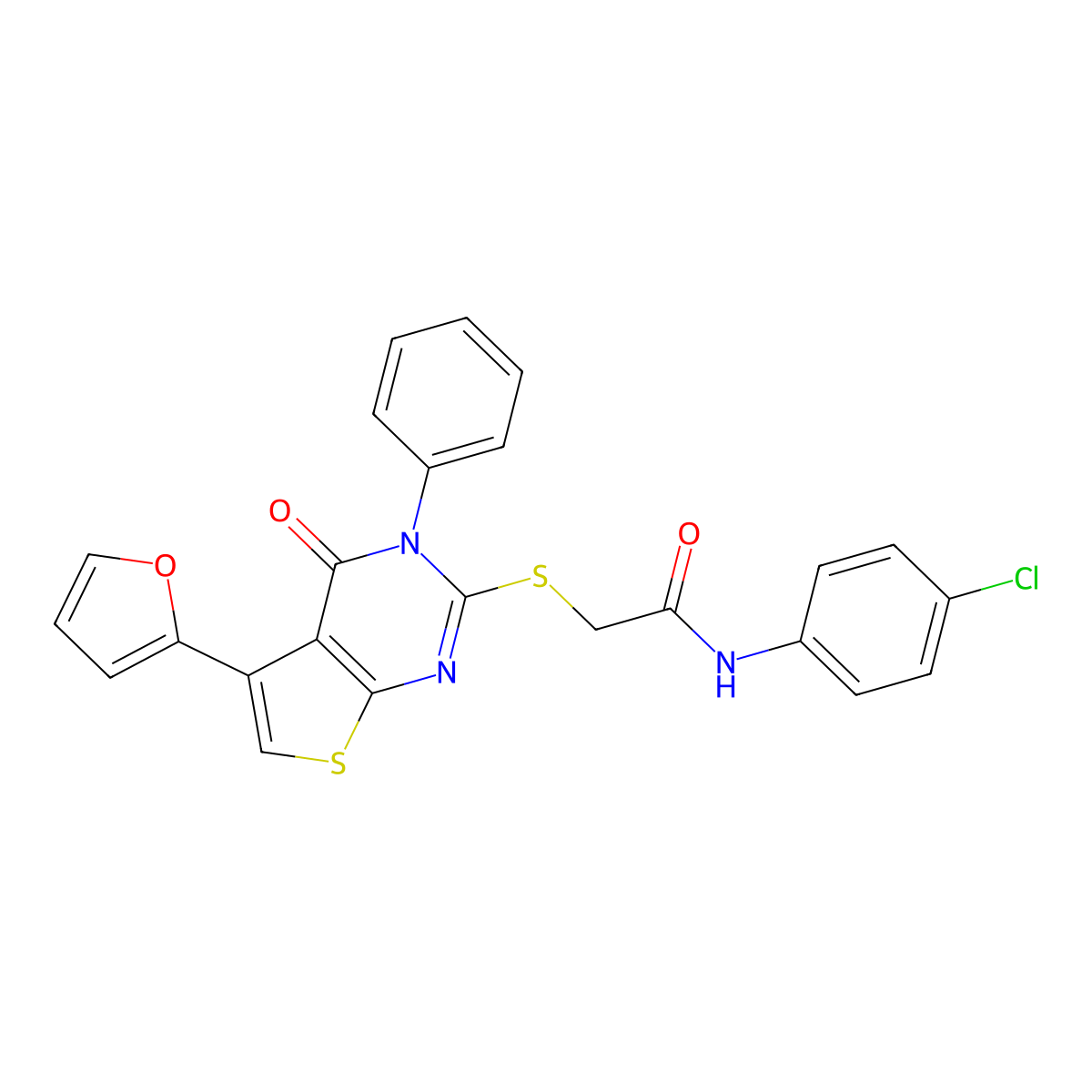 N-(4-chlorophenyl)-2-[5-(furan-2-yl)-4-oxo-3-phenylthieno[2,3-d]pyrimidin-2-yl]sulfanylacetamide molecular structure, CAS 503431-87-6