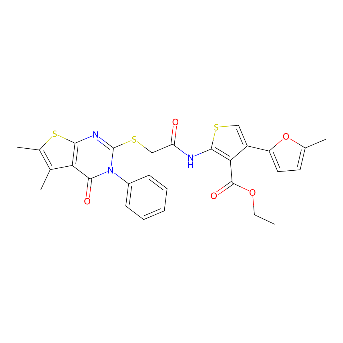 Ethyl 2-[[2-(5,6-dimethyl-4-oxo-3-phenylthieno[2,3-d]pyrimidin-2-yl)sulfanylacetyl]amino]-4-(5-methylfuran-2-yl)thiophene-3-carboxylate molecular structure, CAS 503431-88-7