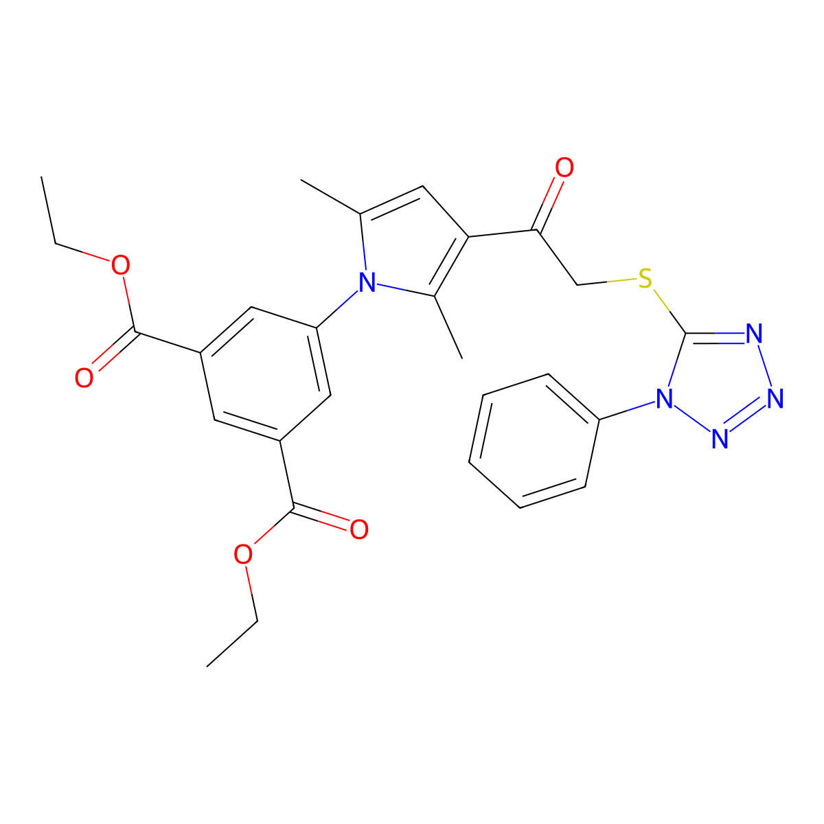 diethyl 5-(2,5-dimethyl-3-(2-((1-phenyl-1H-tetrazol-5-yl)thio)acetyl)-1H-pyrrol-1-yl)isophthalate molecular structure, CAS 503432-12-0
