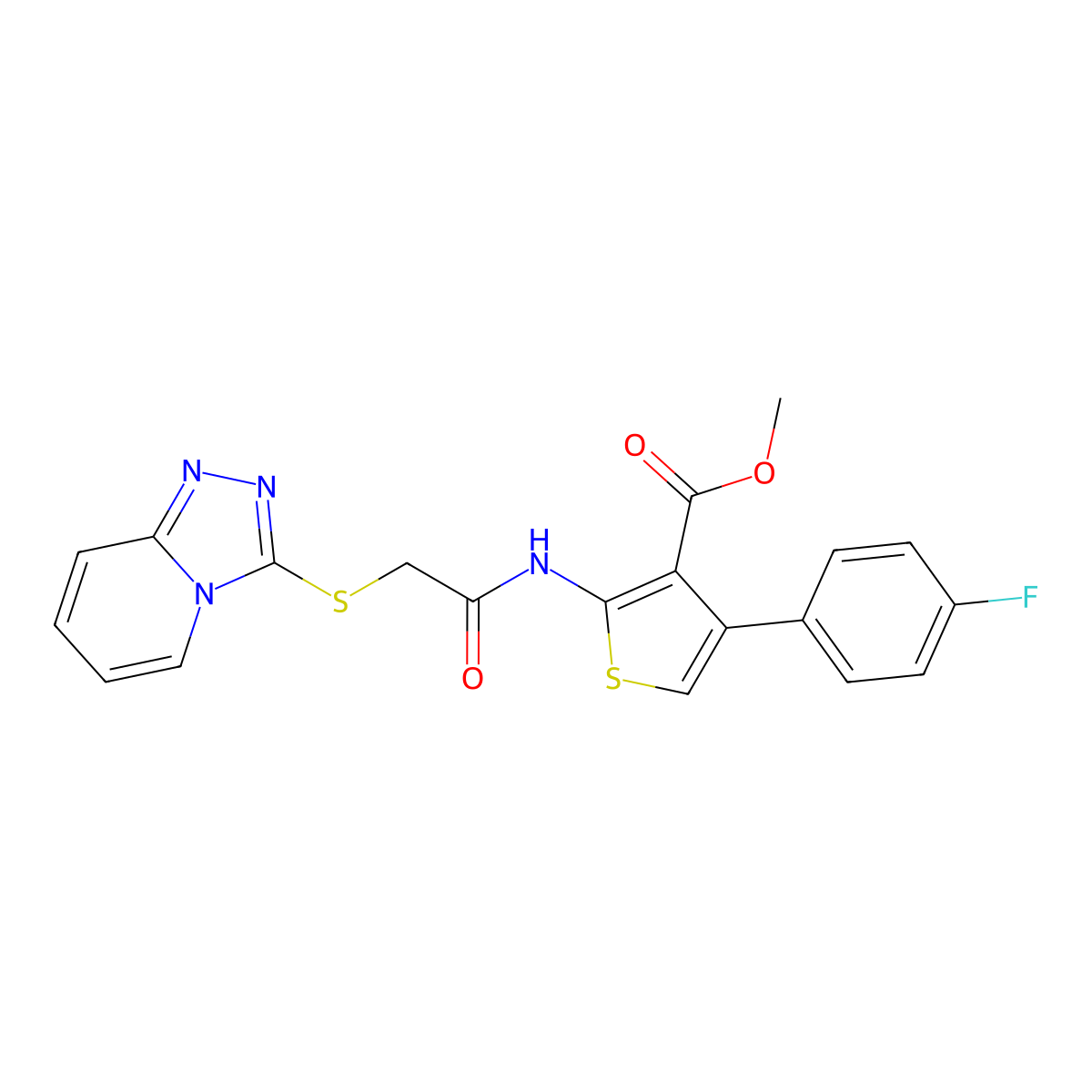 Methyl 2-(2-([1,2,4]triazolo[4,3-a]pyridin-3-ylthio)acetamido)-4-(4-fluorophenyl)thiophene-3-carboxylate molecular structure, CAS 503432-13-1