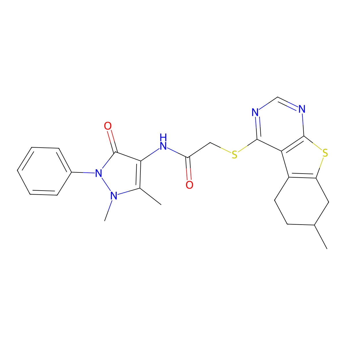 N-(1,5-dimethyl-3-oxo-2-phenylpyrazol-4-yl)-2-[(7-methyl-5,6,7,8-tetrahydro-[1]benzothiolo[2,3-d]pyrimidin-4-yl)sulfanyl]acetamide molecular structure, CAS 503432-15-3