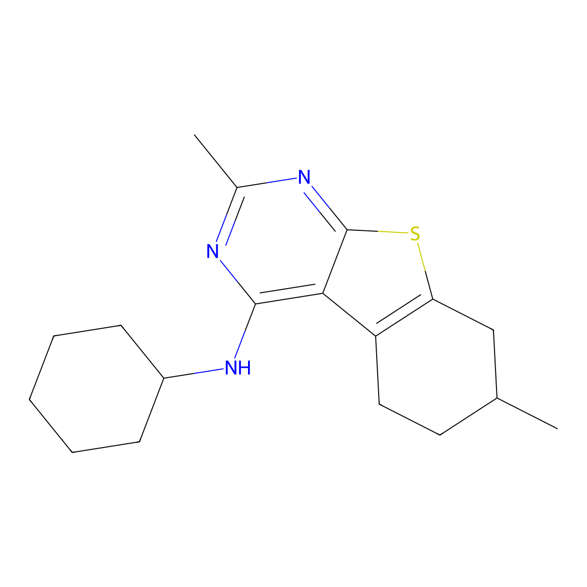 N-cyclohexyl-2,7-dimethyl-5,6,7,8-tetrahydro-[1]benzothiolo[2,3-d]pyrimidin-4-amine molecular structure, CAS 503432-45-9