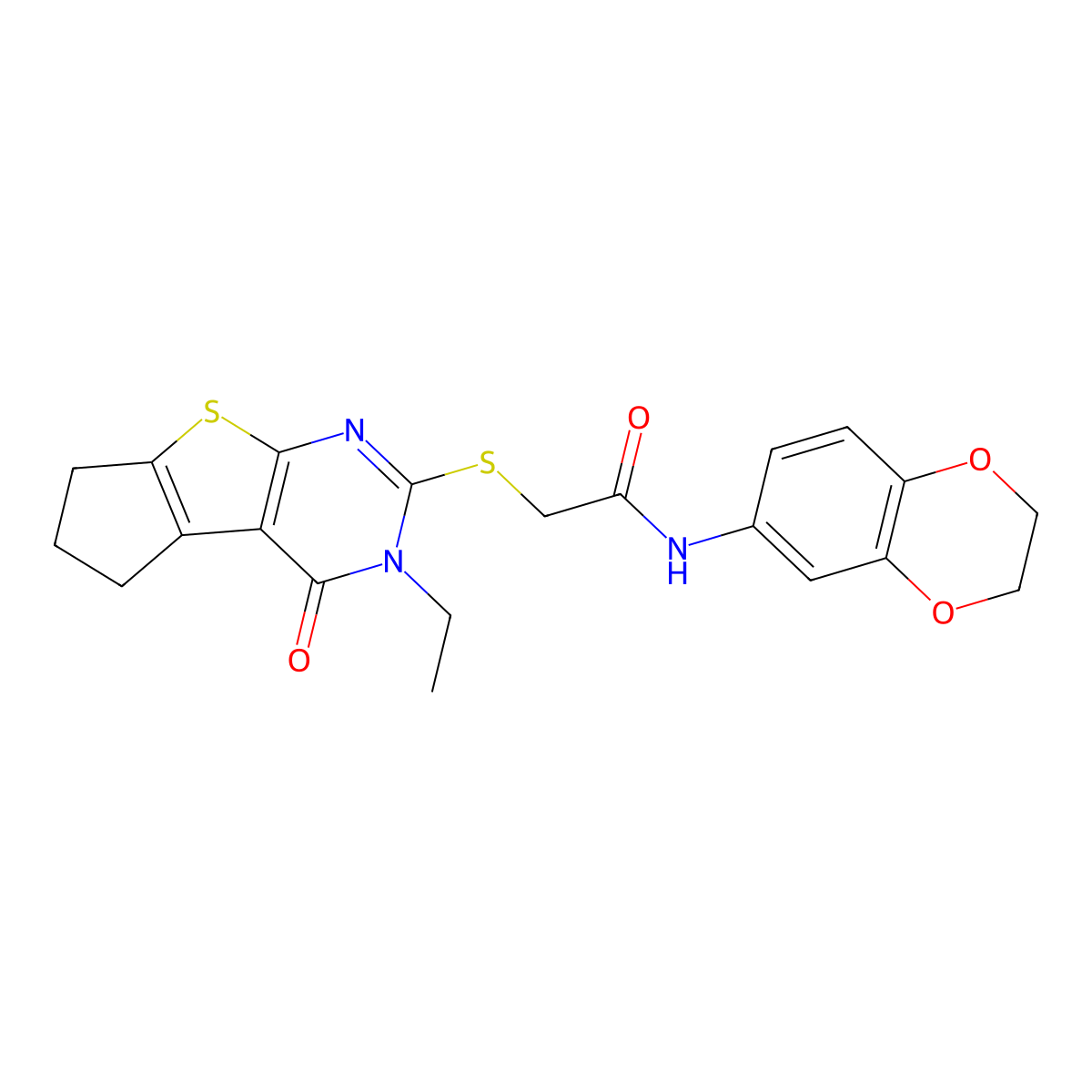 N-(2,3-dihydrobenzo[b][1,4]dioxin-6-yl)-2-((3-ethyl-4-oxo-4,5,6,7-tetrahydro-3H-cyclopenta[4,5]thieno[2,3-d]pyrimidin-2-yl)thio)acetamide molecular structure, CAS 503432-55-1