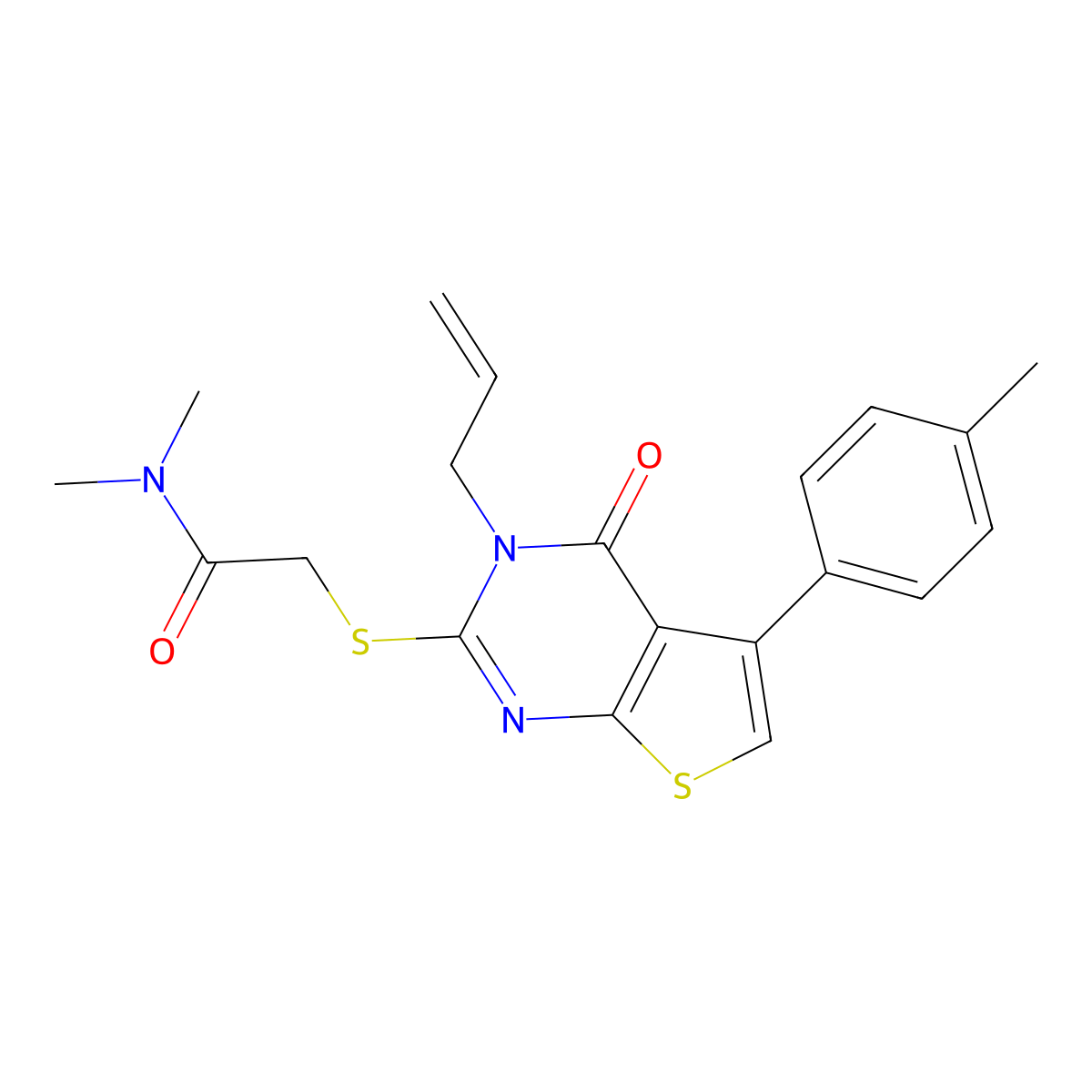 N,N-dimethyl-2-[5-(4-methylphenyl)-4-oxo-3-prop-2-enylthieno[2,3-d]pyrimidin-2-yl]sulfanylacetamide molecular structure, CAS 503432-68-6