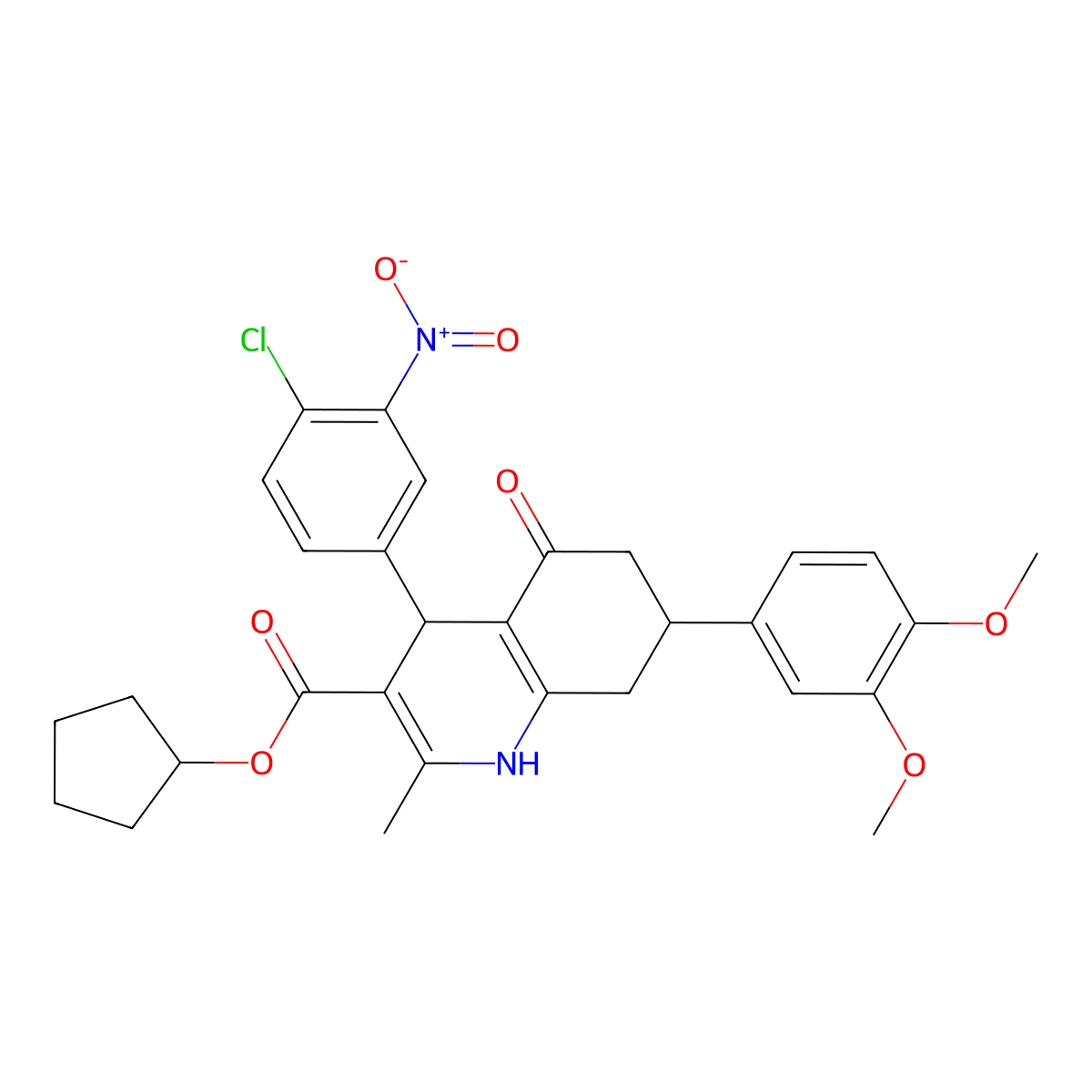 Cyclopentyl 4-(4-chloro-3-nitrophenyl)-7-(3,4-dimethoxyphenyl)-2-methyl-5-oxo-1,4,5,6,7,8-hexahydroquinoline-3-carboxylate molecular structure, CAS 503591-50-2