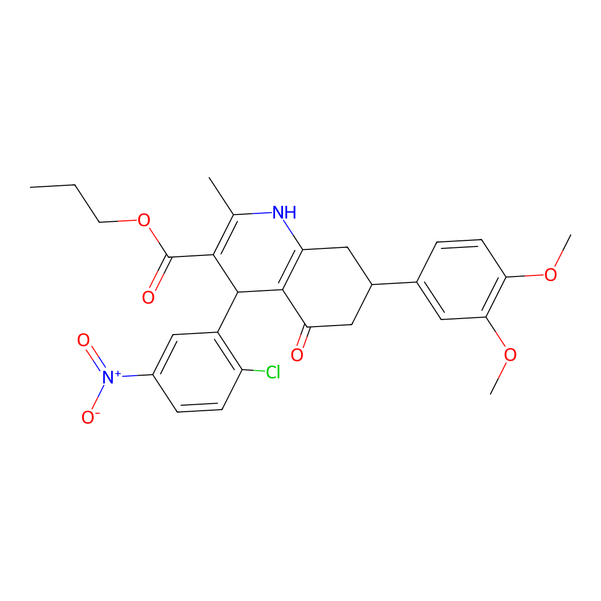 Propyl 4-(2-chloro-5-nitrophenyl)-7-(3,4-dimethoxyphenyl)-2-methyl-5-oxo-1,4,5,6,7,8-hexahydroquinoline-3-carboxylate molecular structure, CAS 503591-68-2