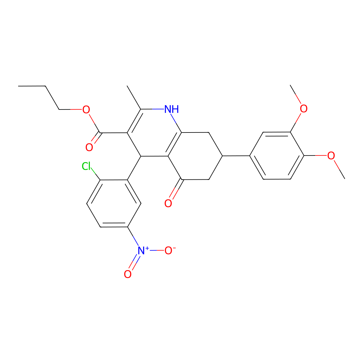 Propyl 4-(2-chloro-5-nitrophenyl)-7-(3,4-dimethoxyphenyl)-2-methyl-5-oxo-1,4,5,6,7,8-hexahydroquinoline-3-carboxylate molecular structure, CAS 503591-68-2
