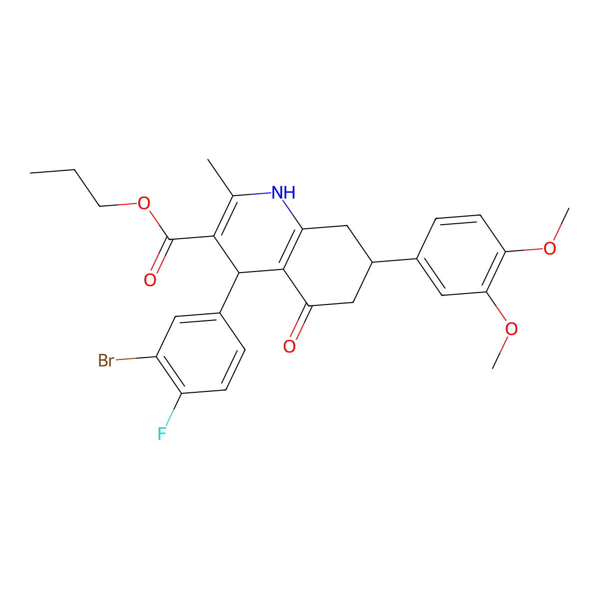 Propyl 4-(3-bromo-4-fluorophenyl)-7-(3,4-dimethoxyphenyl)-2-methyl-5-oxo-1,4,5,6,7,8-hexahydroquinoline-3-carboxylate molecular structure, CAS 503591-71-7