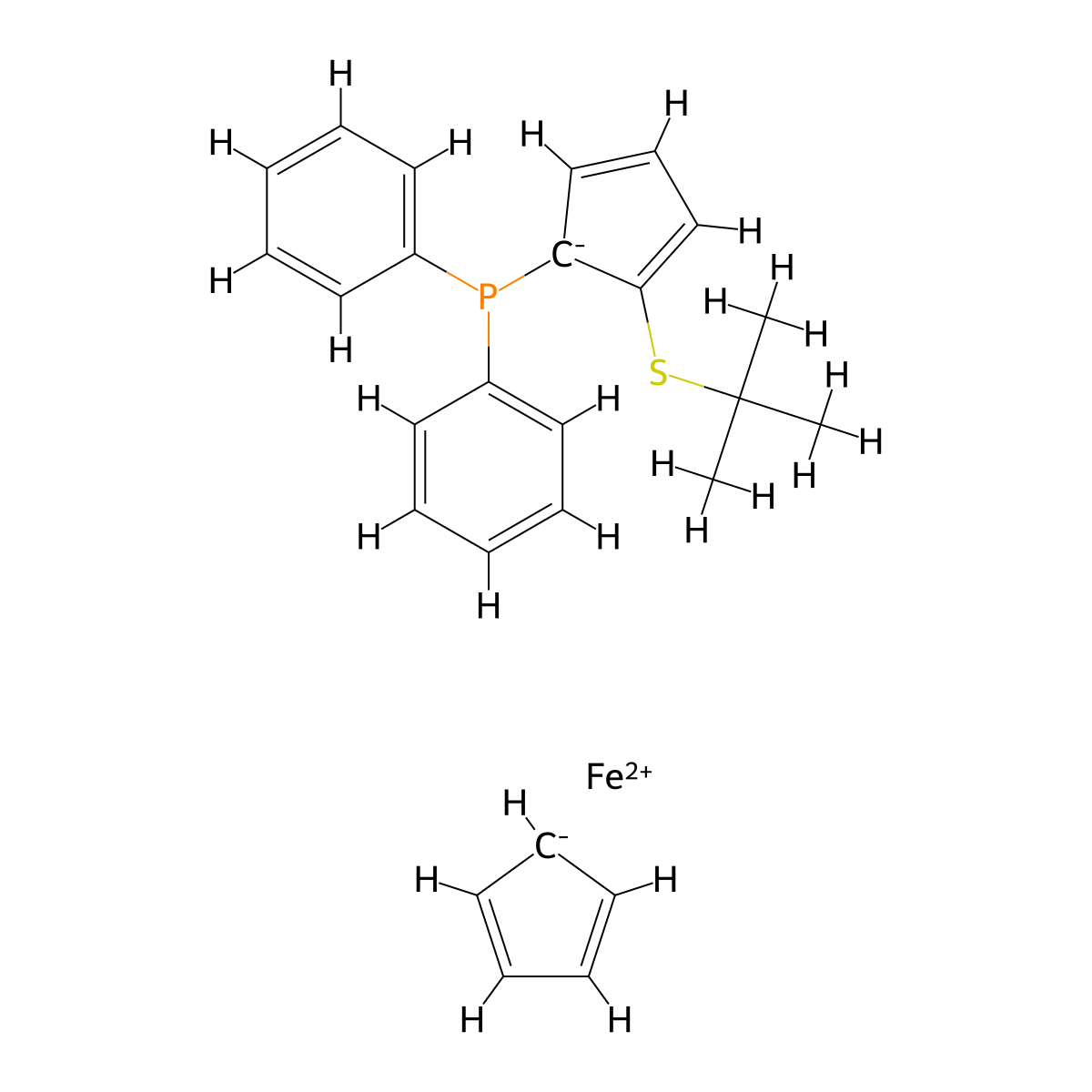 (1Rp)-1-[(1,1-Dimethylethyl)thio]-2-(diphenylphosphino)ferrocene , (R)-FeSulPhos molecular structure, CAS 503859-61-8