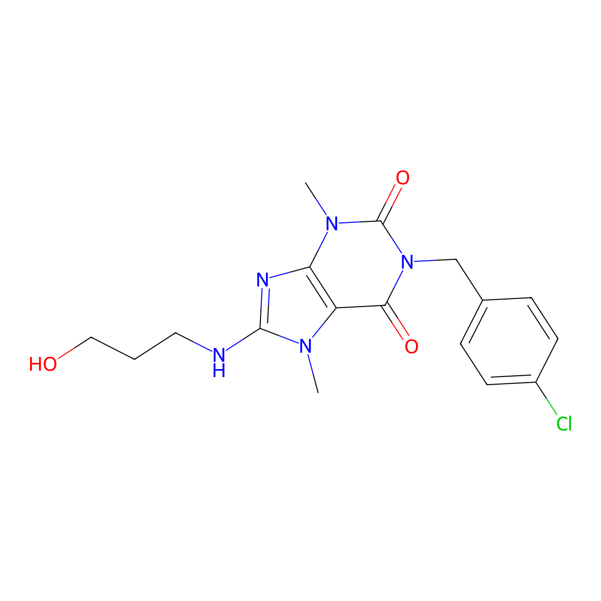 1-(4-chlorobenzyl)-8-((3-hydroxypropyl)amino)-3,7-dimethyl-1H-purine-2,6(3H,7H)-dione molecular structure, CAS 503864-22-0