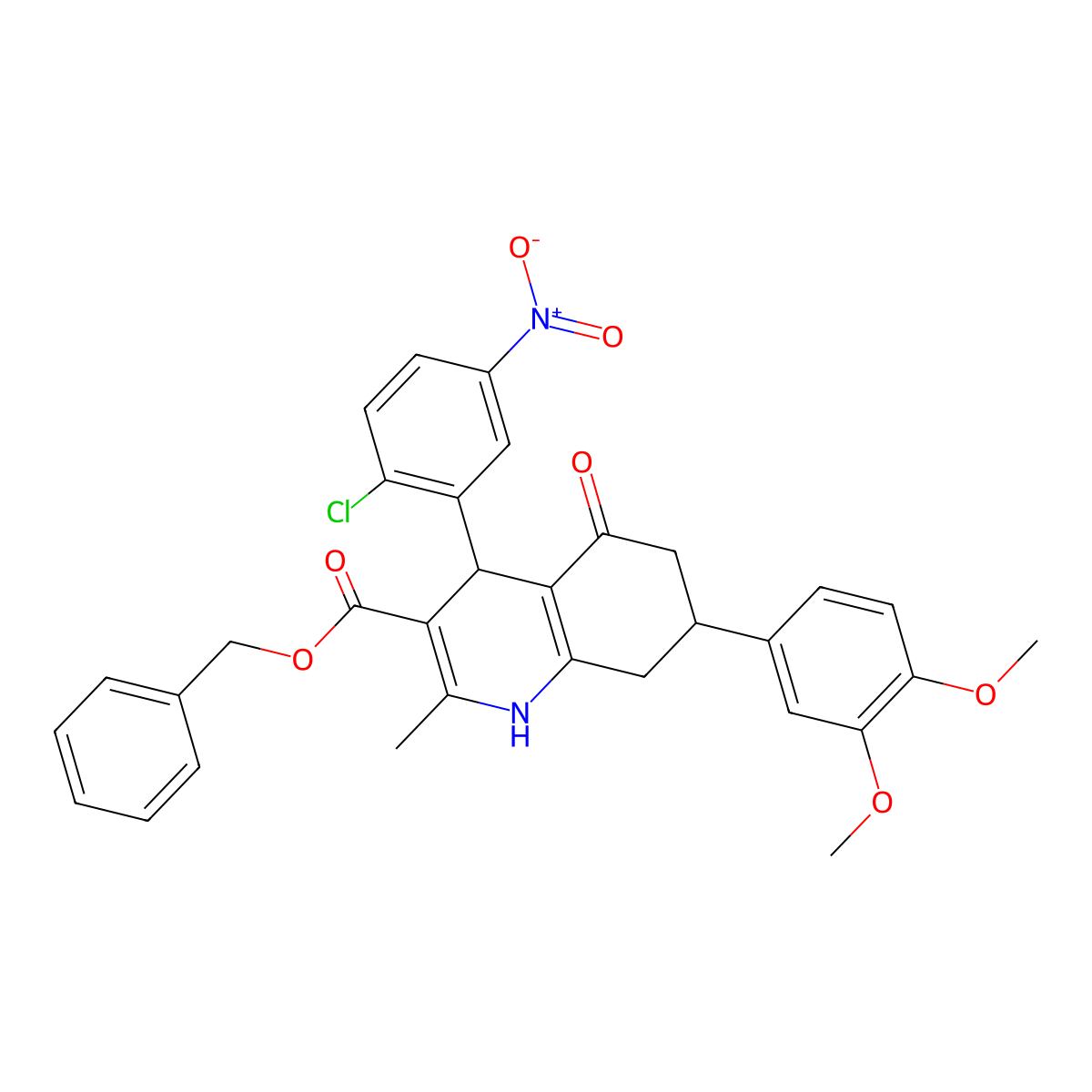 Benzyl 4-(2-chloro-5-nitrophenyl)-7-(3,4-dimethoxyphenyl)-2-methyl-5-oxo-1,4,5,6,7,8-hexahydroquinoline-3-carboxylate molecular structure, CAS 503864-67-3