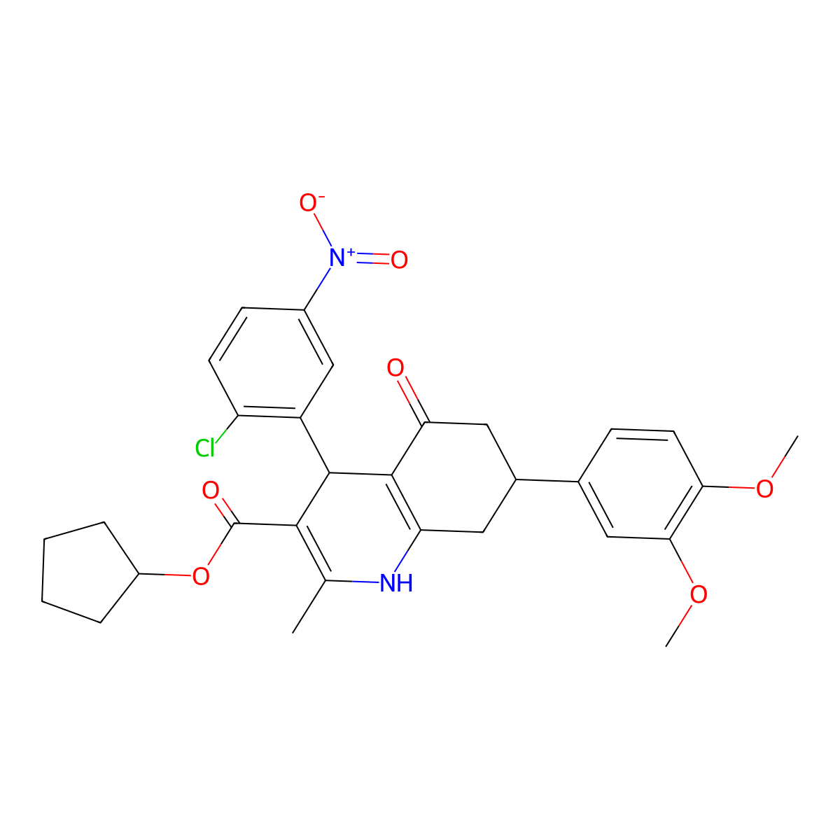 Cyclopentyl 4-(2-chloro-5-nitrophenyl)-7-(3,4-dimethoxyphenyl)-2-methyl-5-oxo-1,4,5,6,7,8-hexahydroquinoline-3-carboxylate molecular structure, CAS 503864-73-1