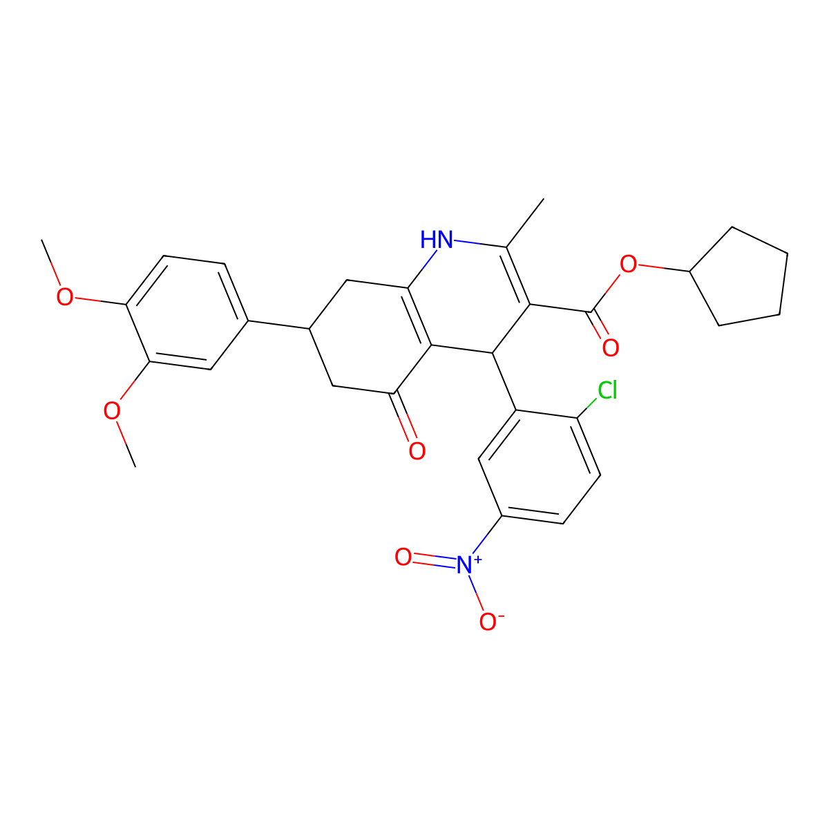 Cyclopentyl 4-(2-chloro-5-nitrophenyl)-7-(3,4-dimethoxyphenyl)-2-methyl-5-oxo-1,4,5,6,7,8-hexahydroquinoline-3-carboxylate molecular structure, CAS 503864-73-1