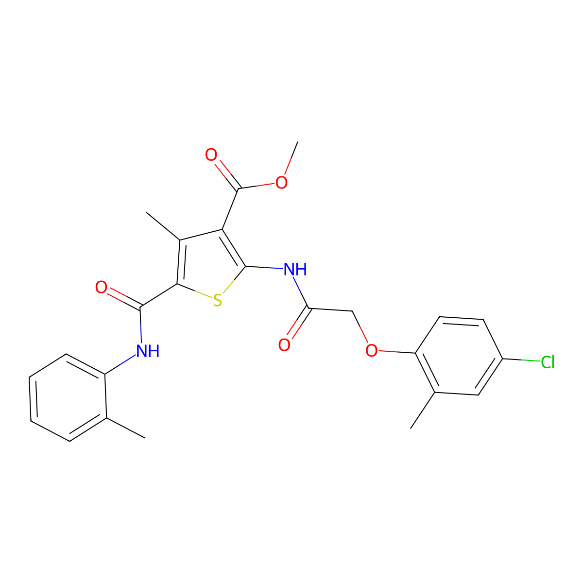 Methyl 2-(2-(4-chloro-2-methylphenoxy)acetamido)-4-methyl-5-(o-tolylcarbamoyl)thiophene-3-carboxylate molecular structure, CAS 504431-95-2