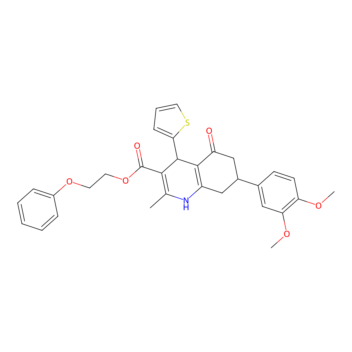 2-Phenoxyethyl 7-(3,4-dimethoxyphenyl)-2-methyl-5-oxo-4-(thiophen-2-yl)-1,4,5,6,7,8-hexahydroquinoline-3-carboxylate molecular structure, CAS 504432-11-5