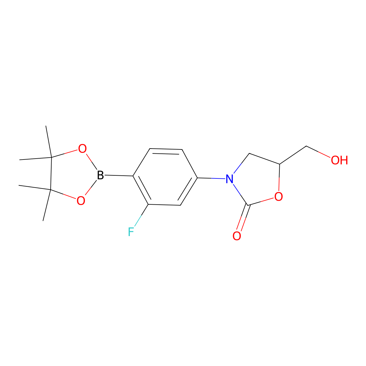 (R)-3-(3-Fluoro-4-(4,4,5,5-tetramethyl-1,3,2-dioxaborolan-2-yl)phenyl)-5-(hydroxymethyl)oxazolidin-2-one molecular structure, CAS 504438-22-6