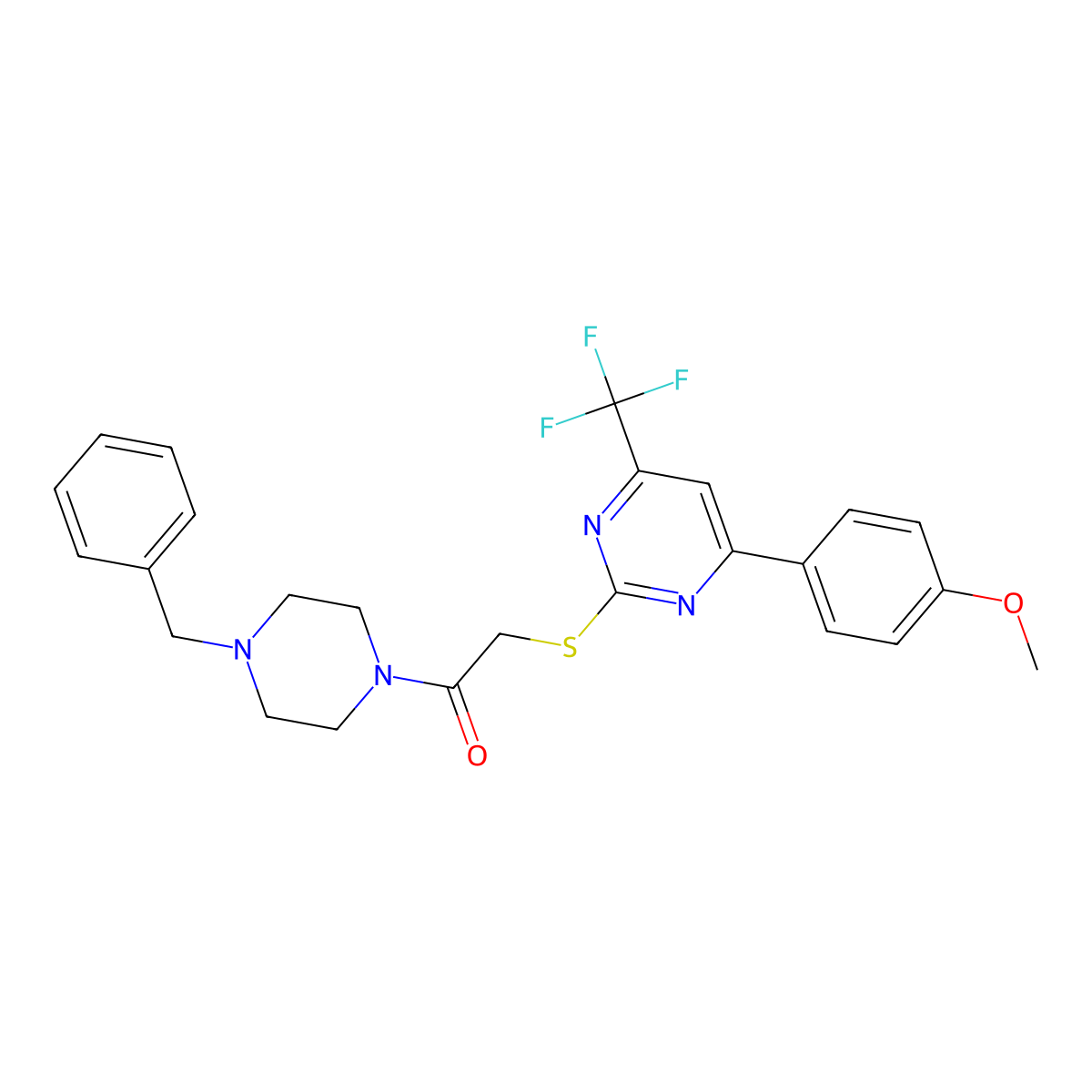 1-(4-Benzylpiperazin-1-yl)-2-{[4-(4-methoxyphenyl)-6-(trifluoromethyl)pyrimidin-2-yl]sulfanyl}ethanone molecular structure, CAS 505048-97-5