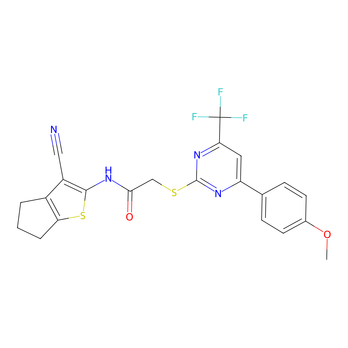 N-(3-Cyano-5,6-dihydro-4H-cyclopenta[b]thiophen-2-yl)-2-[4-(4-methoxy-phenyl)-6-trifluoromethyl-pyrimidin-2-ylsulfanyl]-acetamide molecular structure, CAS 505049-19-4