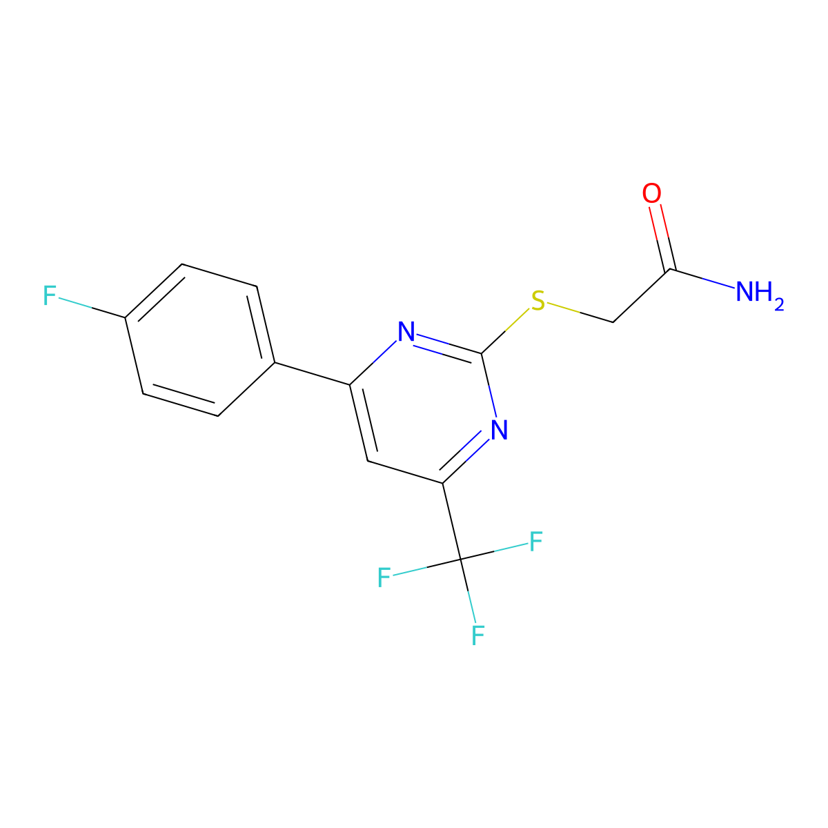2-[4-(4-Fluorophenyl)-6-(trifluoromethyl)pyrimidin-2-yl]sulfanylacetamide molecular structure, CAS 505049-37-6