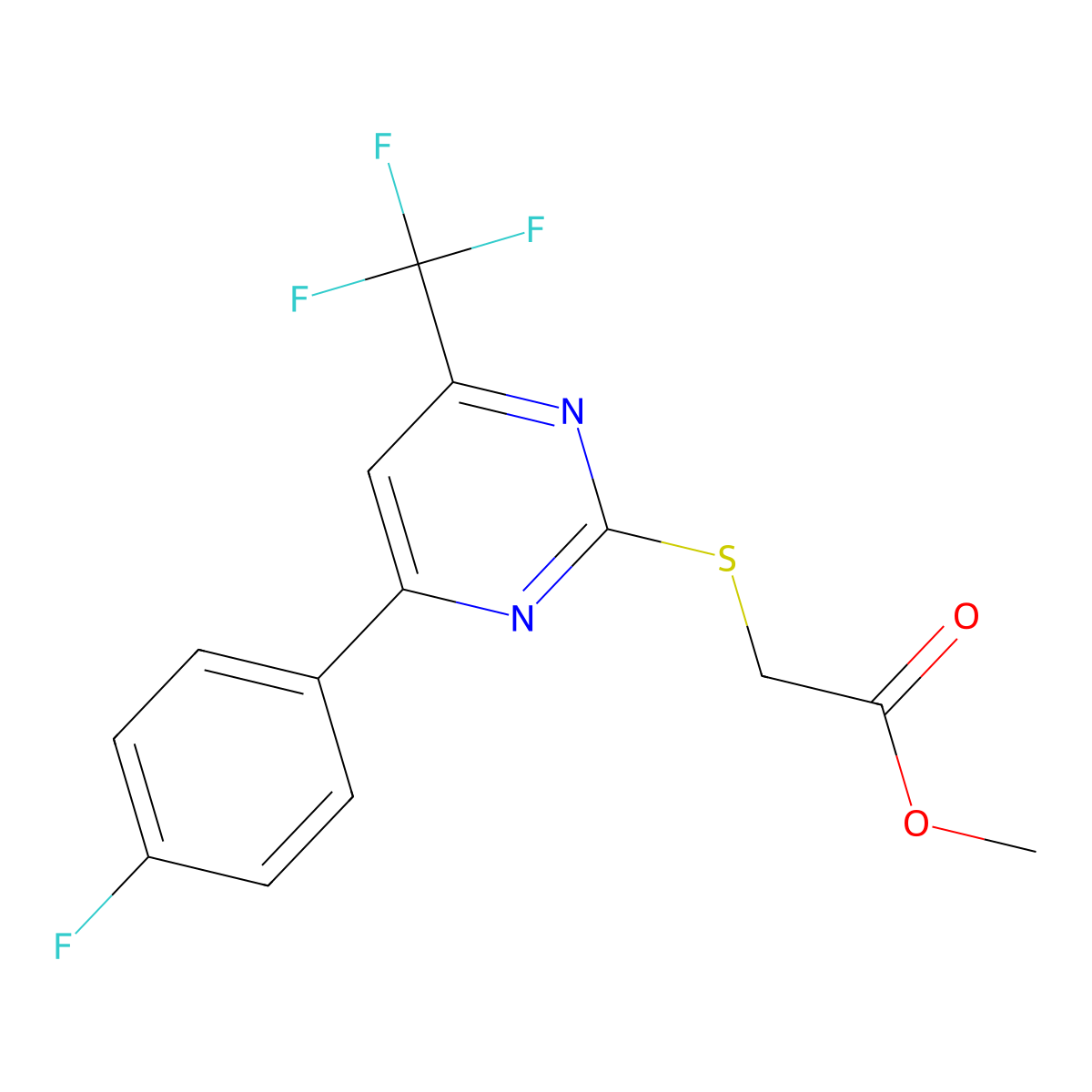 Methyl {[4-(4-fluorophenyl)-6-(trifluoromethyl)-2-pyrimidinyl]sulfanyl}acetate molecular structure, CAS 505049-38-7