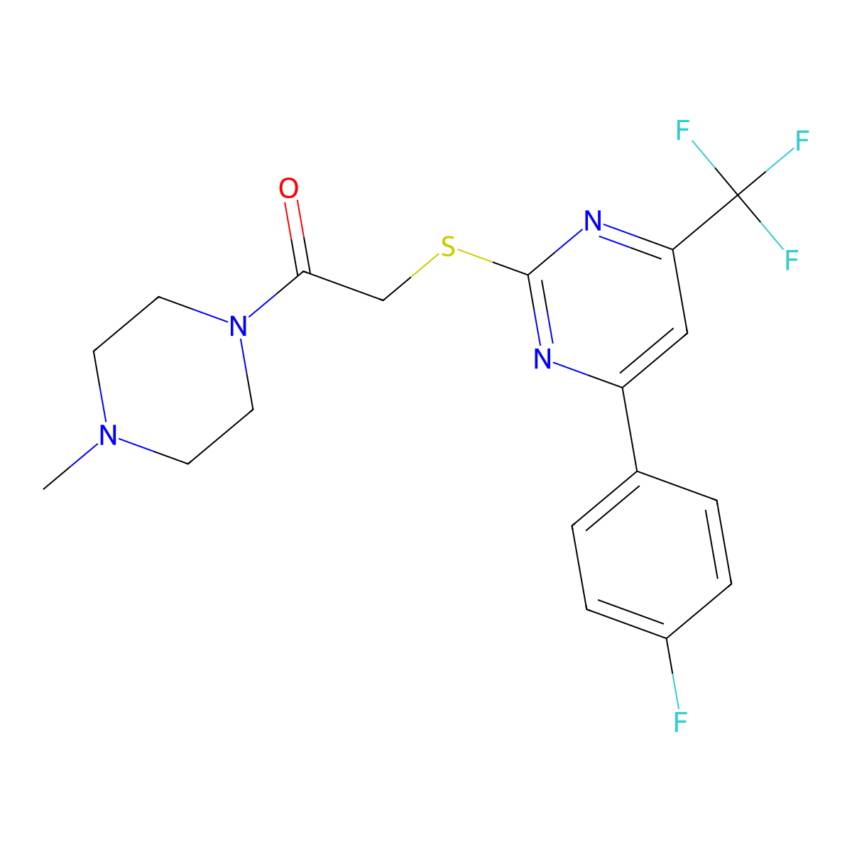 2-[4-(4-Fluorophenyl)-6-(trifluoromethyl)pyrimidin-2-yl]sulfanyl-1-(4-methylpiperazin-1-yl)ethanone molecular structure, CAS 505049-43-4