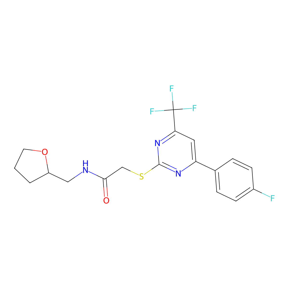 2-[4-(4-fluorophenyl)-6-(trifluoromethyl)pyrimidin-2-yl]sulfanyl-N-(oxolan-2-ylmethyl)acetamide molecular structure, CAS 505049-69-4