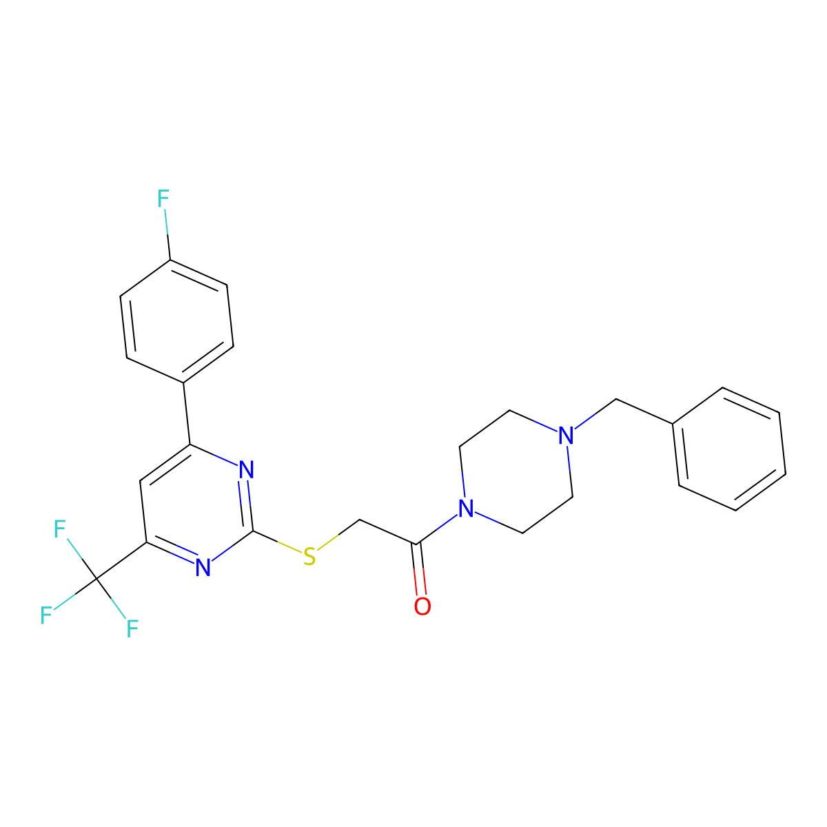 1-(4-Benzylpiperazin-1-yl)-2-{[4-(4-fluorophenyl)-6-(trifluoromethyl)pyrimidin-2-yl]sulfanyl}ethanone molecular structure, CAS 505049-72-9
