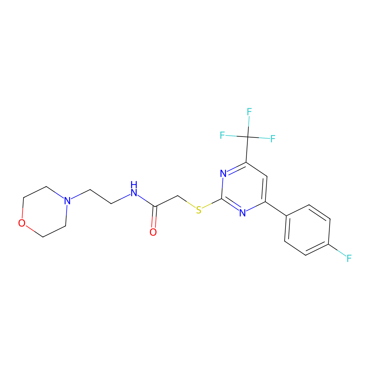 2-{[4-(4-fluorophenyl)-6-(trifluoromethyl)-2-pyrimidinyl]thio}-N-[2-(4-morpholinyl)ethyl]acetamide molecular structure, CAS 505049-73-0