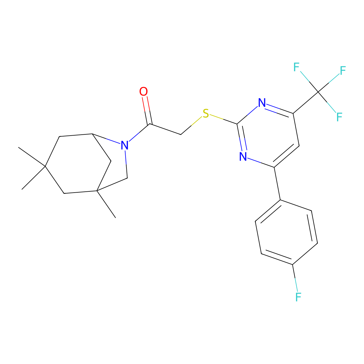 2-[4-(4-Fluorophenyl)-6-(trifluoromethyl)pyrimidin-2-yl]sulfanyl-1-(3,3,5-trimethyl-7-azabicyclo[3.2.1]octan-7-yl)ethanone molecular structure, CAS 505049-91-2