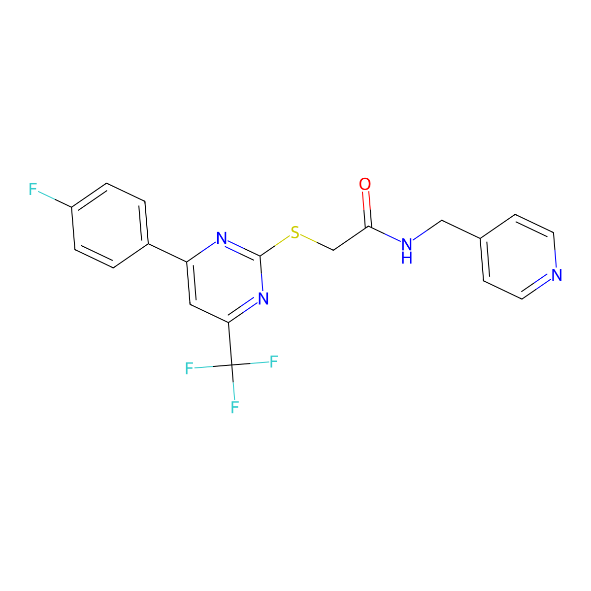 2-[4-(4-fluorophenyl)-6-(trifluoromethyl)pyrimidin-2-yl]sulfanyl-N-(pyridin-4-ylmethyl)acetamide molecular structure, CAS 505049-99-0