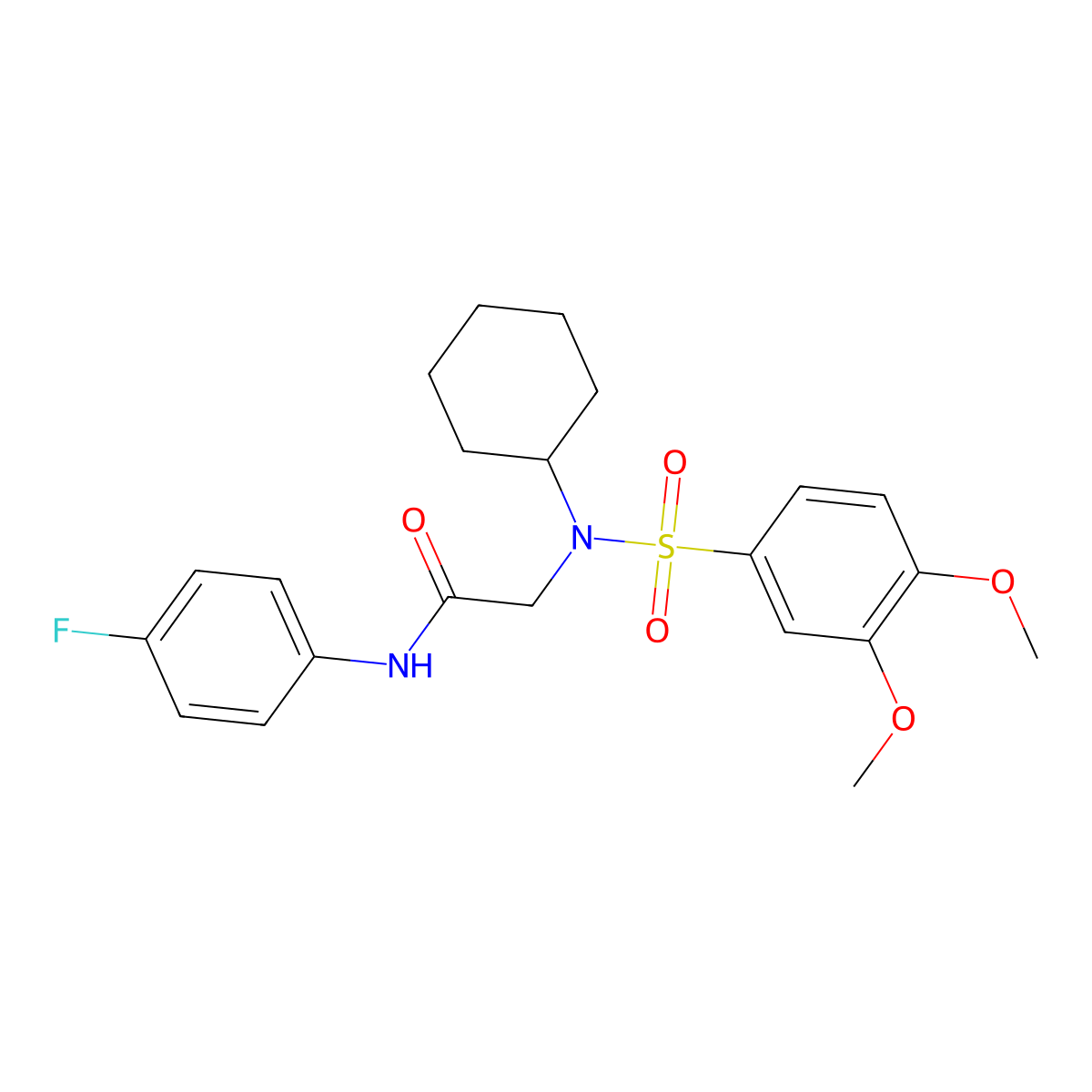 2-[cyclohexyl-(3,4-dimethoxyphenyl)sulfonylamino]-N-(4-fluorophenyl)acetamide molecular structure, CAS 505052-04-0