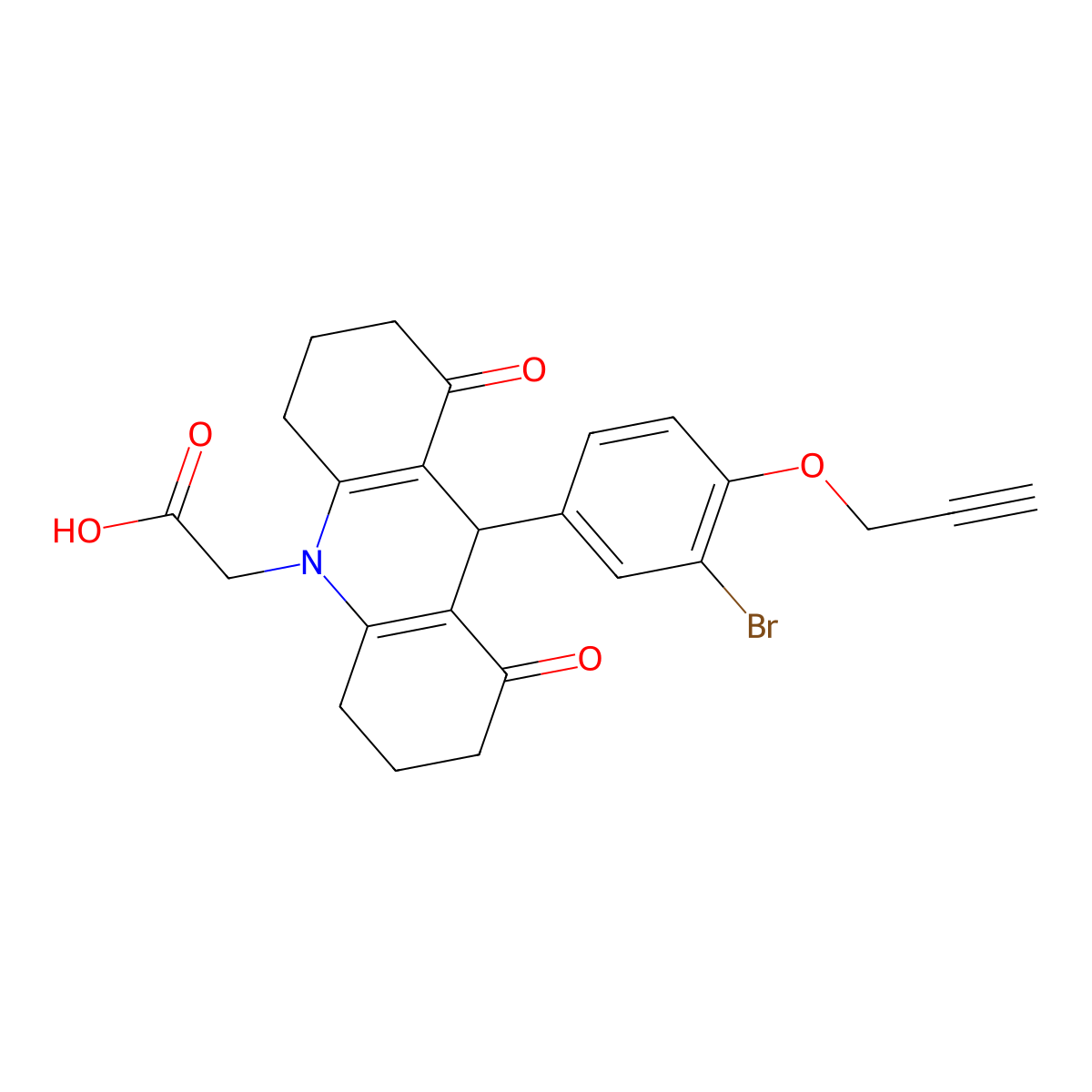 {9-[3-bromo-4-(prop-2-yn-1-yloxy)phenyl]-1,8-dioxo-2,3,4,5,6,7,8,9-octahydroacridin-10(1H)-yl}acetic acid molecular structure, CAS 505052-41-5