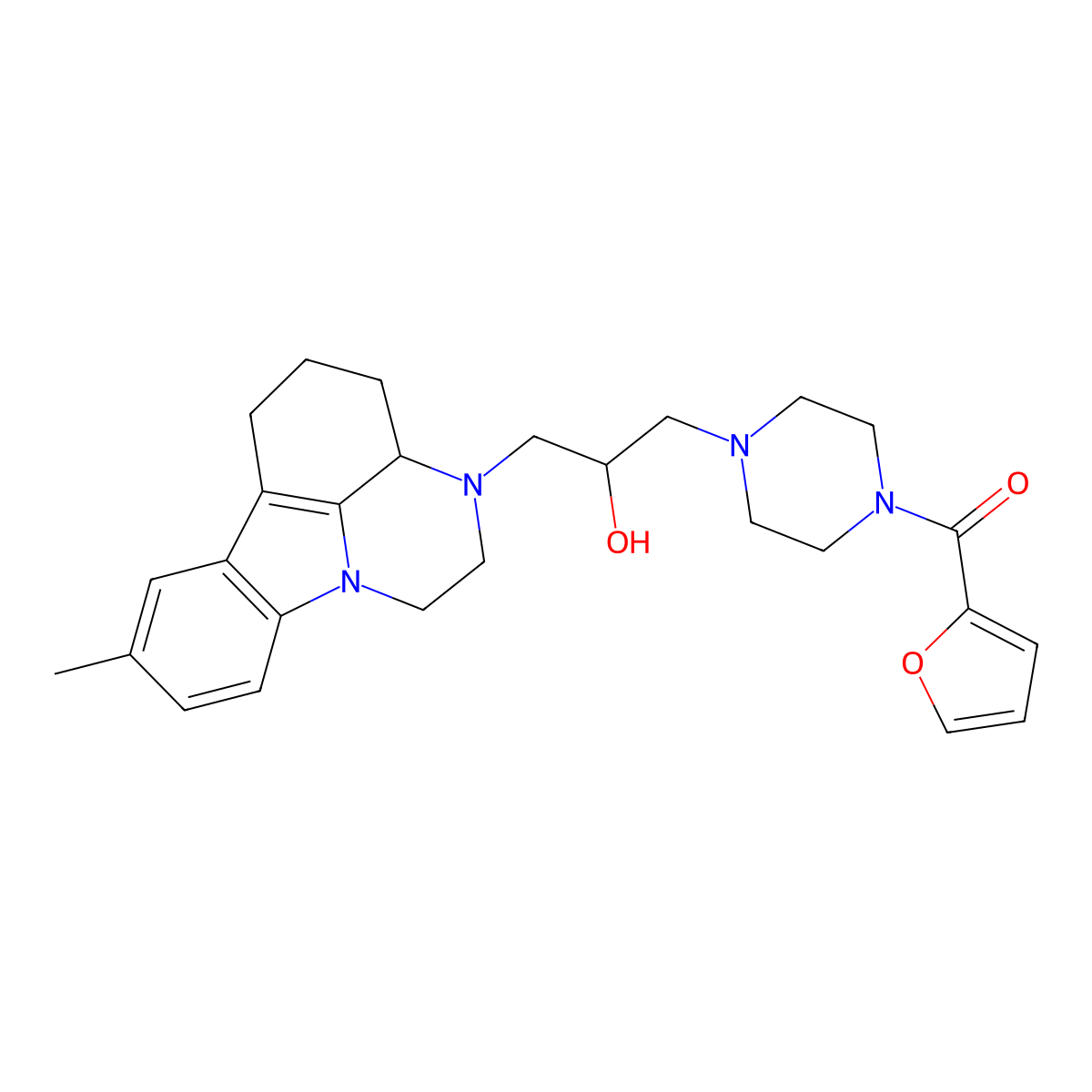2-furyl(4-(2-hydroxy-3-(8-methyl-1,2,3a,4,5,6-hexahydro-3H-pyrazino(3,2,1-jk)carbazol-3-yl)propyl)piperazino)methanone molecular structure, CAS 505053-62-3