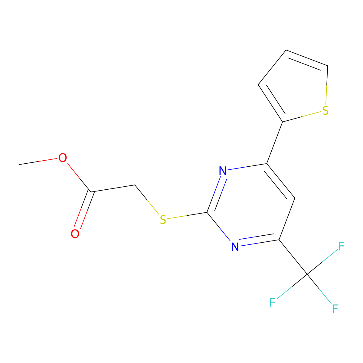 Methyl 2-((4-(thiophen-2-yl)-6-(trifluoromethyl)pyrimidin-2-yl)thio)acetate molecular structure, CAS 505053-94-1