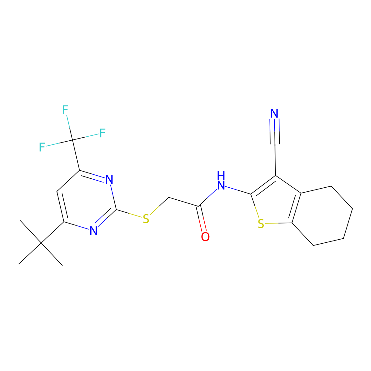 2-[4-tert-butyl-6-(trifluoromethyl)pyrimidin-2-yl]sulfanyl-N-(3-cyano-4,5,6,7-tetrahydro-1-benzothiophen-2-yl)acetamide molecular structure, CAS 505054-11-5
