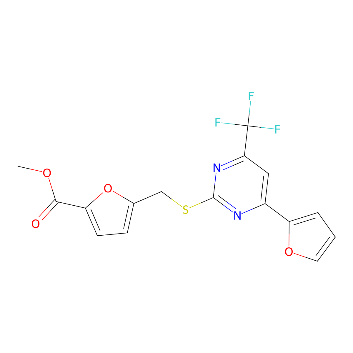 Methyl 5-({[4-(2-furyl)-6-(trifluoromethyl)-2-pyrimidinyl]thio}methyl)-2-furoate molecular structure, CAS 505054-18-2