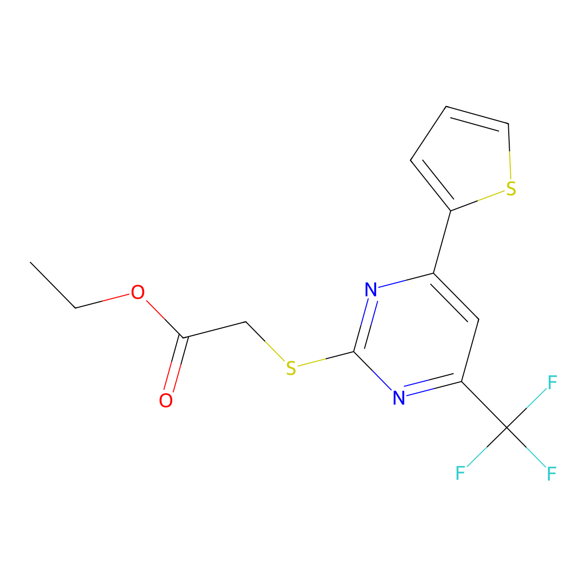 Ethyl 2-((4-(thiophen-2-yl)-6-(trifluoromethyl)pyrimidin-2-yl)thio)acetate molecular structure, CAS 505054-22-8