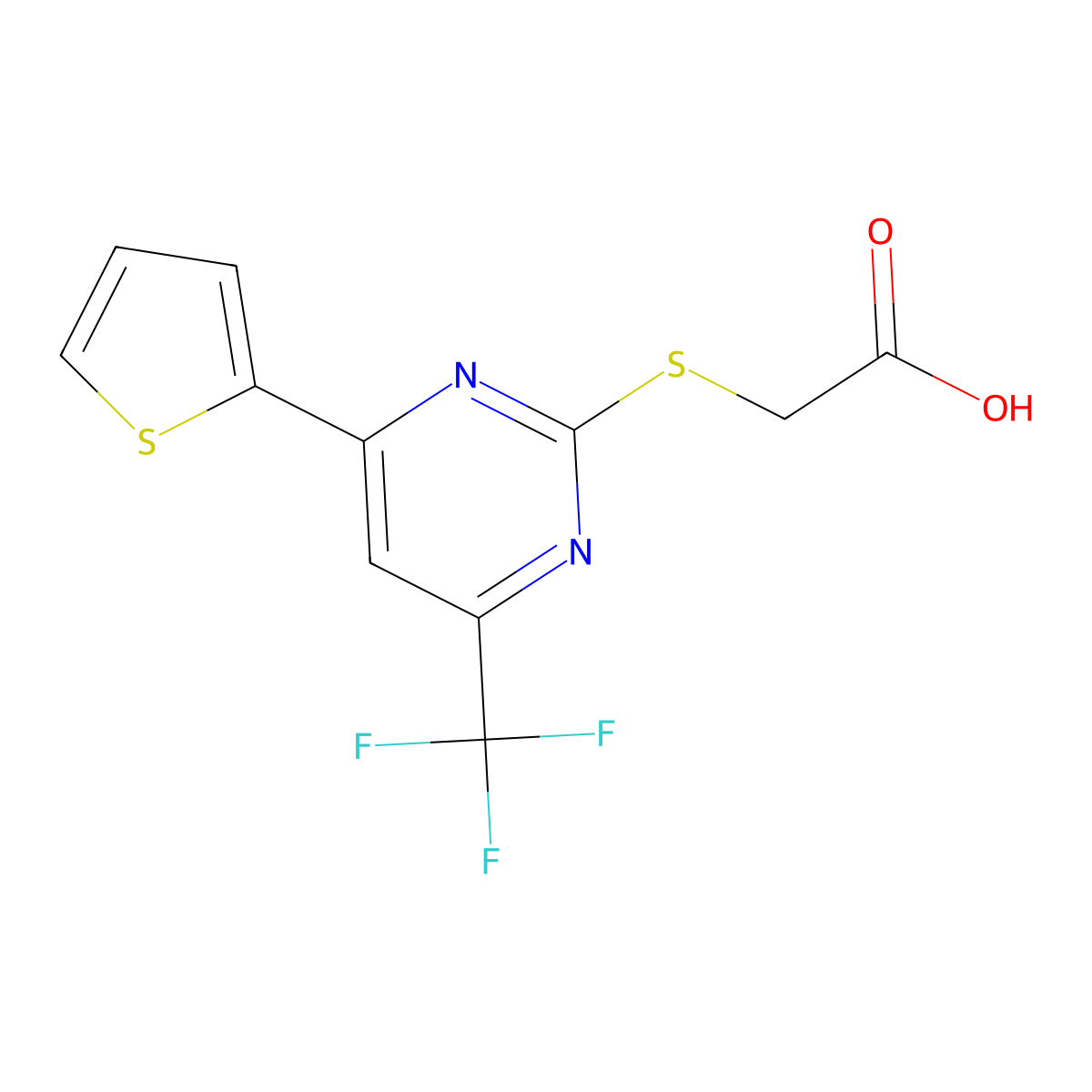 2-((4-(Thiophen-2-yl)-6-(trifluoromethyl)pyrimidin-2-yl)thio)acetic acid molecular structure, CAS 505054-60-4