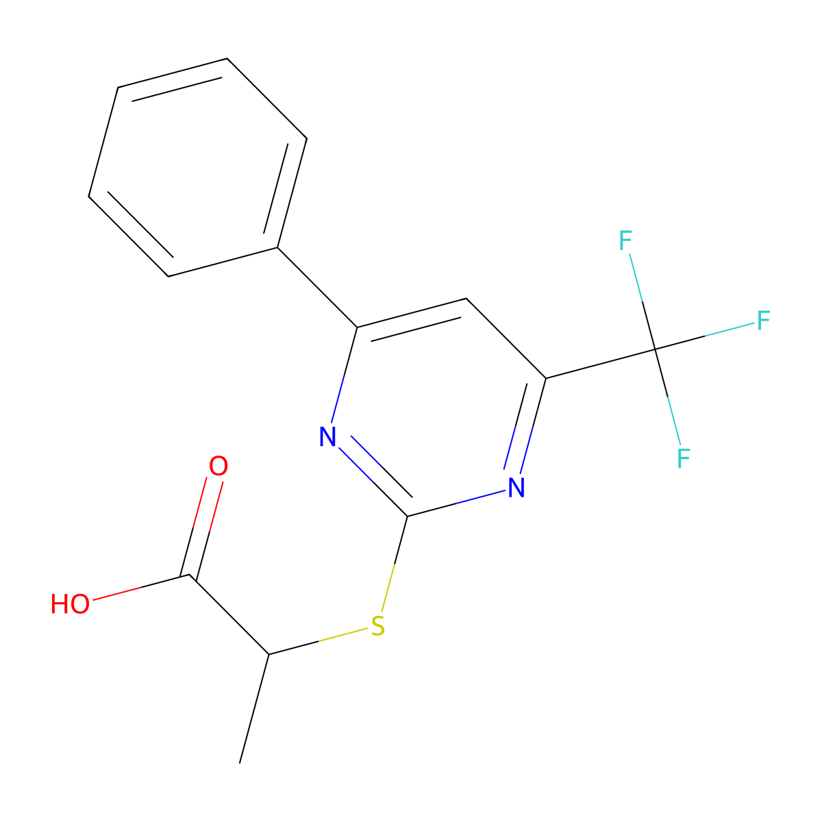 2-{[4-Phenyl-6-(trifluoromethyl)pyrimidin-2-yl]-thio}propanoic acid molecular structure, CAS 505054-76-2