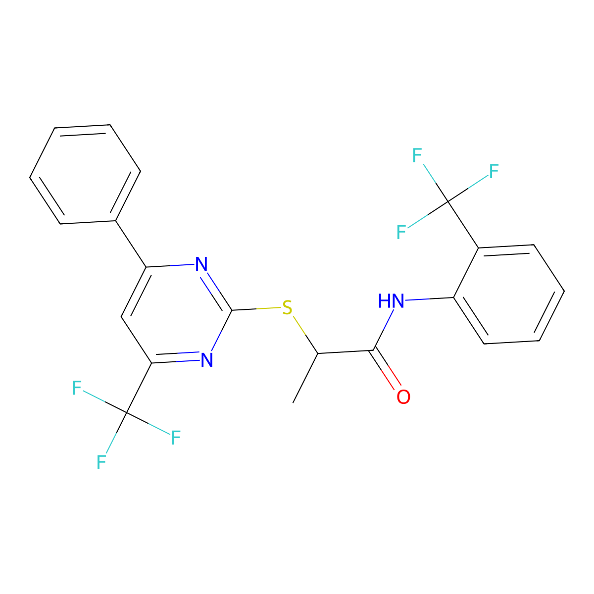 2-{[4-phenyl-6-(trifluoromethyl)pyrimidin-2-yl]sulfanyl}-N-[2-(trifluoromethyl)phenyl]propanamide molecular structure, CAS 505054-78-4