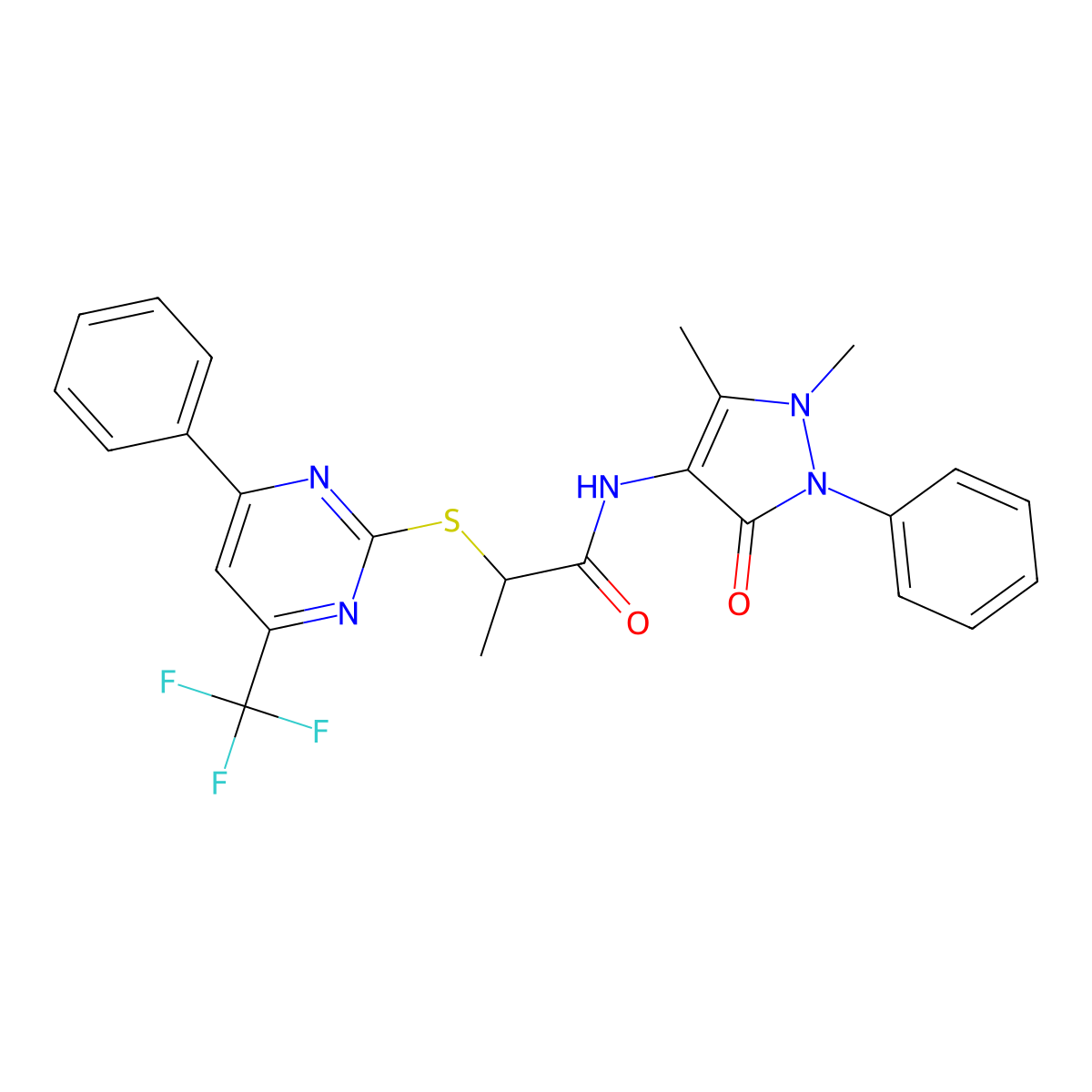 N-(1,5-dimethyl-3-oxo-2-phenylpyrazol-4-yl)-2-[4-phenyl-6-(trifluoromethyl)pyrimidin-2-yl]sulfanylpropanamide molecular structure, CAS 505054-89-7
