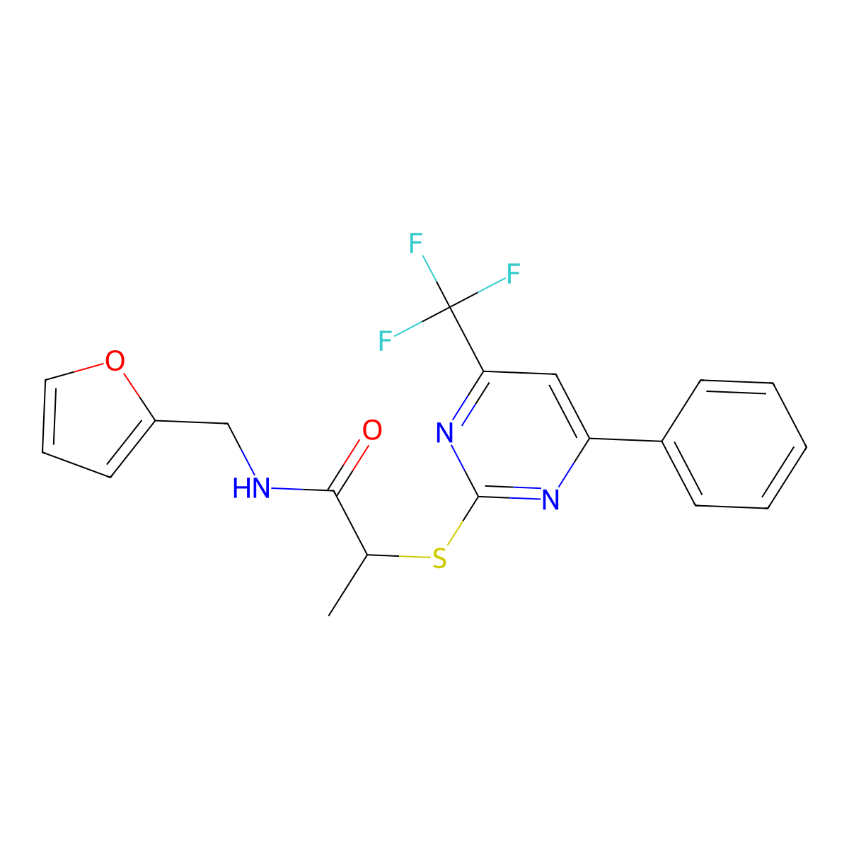 N-(furan-2-ylmethyl)-2-[4-phenyl-6-(trifluoromethyl)pyrimidin-2-yl]sulfanylpropanamide molecular structure, CAS 505055-07-2