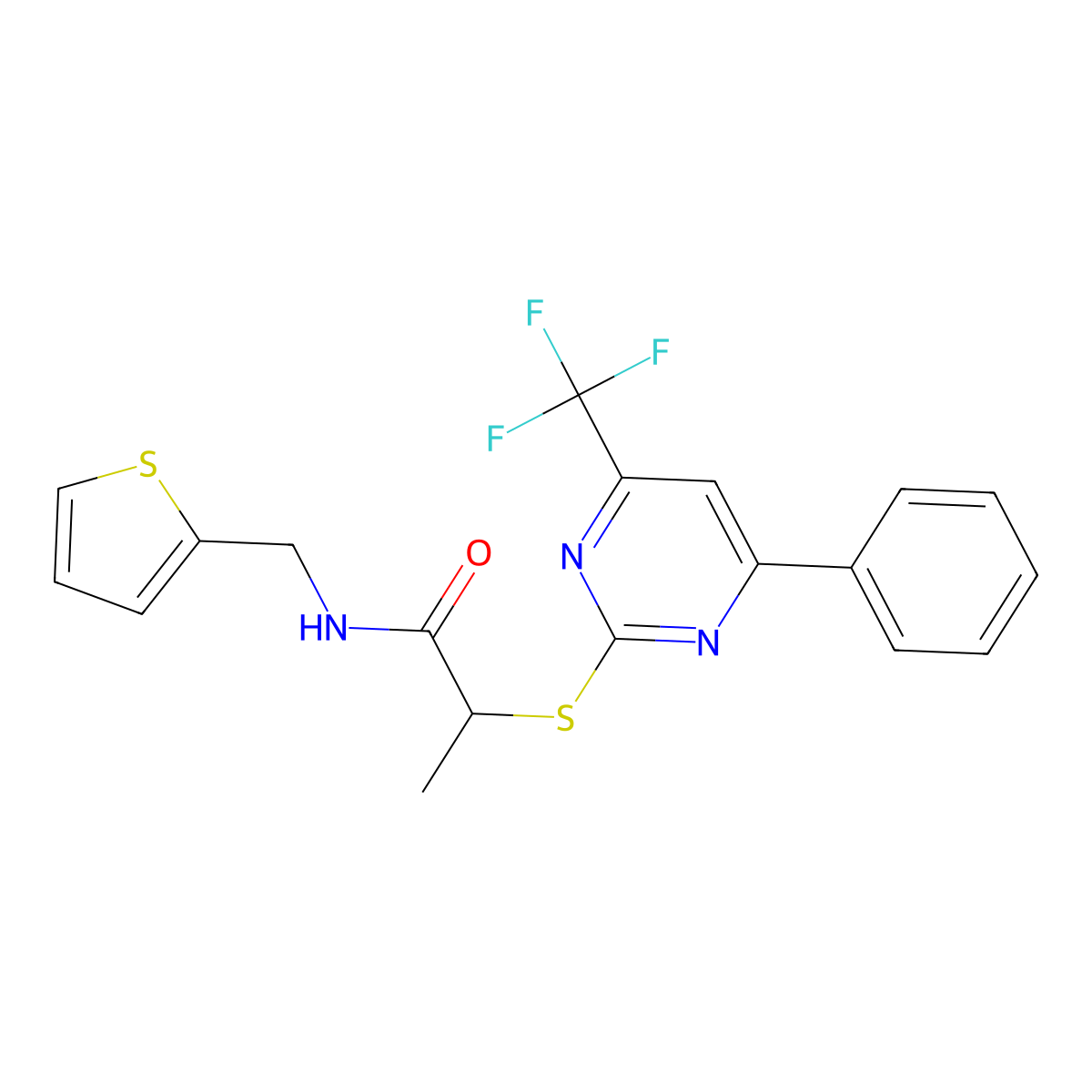 2-[4-phenyl-6-(trifluoromethyl)pyrimidin-2-yl]sulfanyl-N-(thiophen-2-ylmethyl)propanamide molecular structure, CAS 505055-25-4