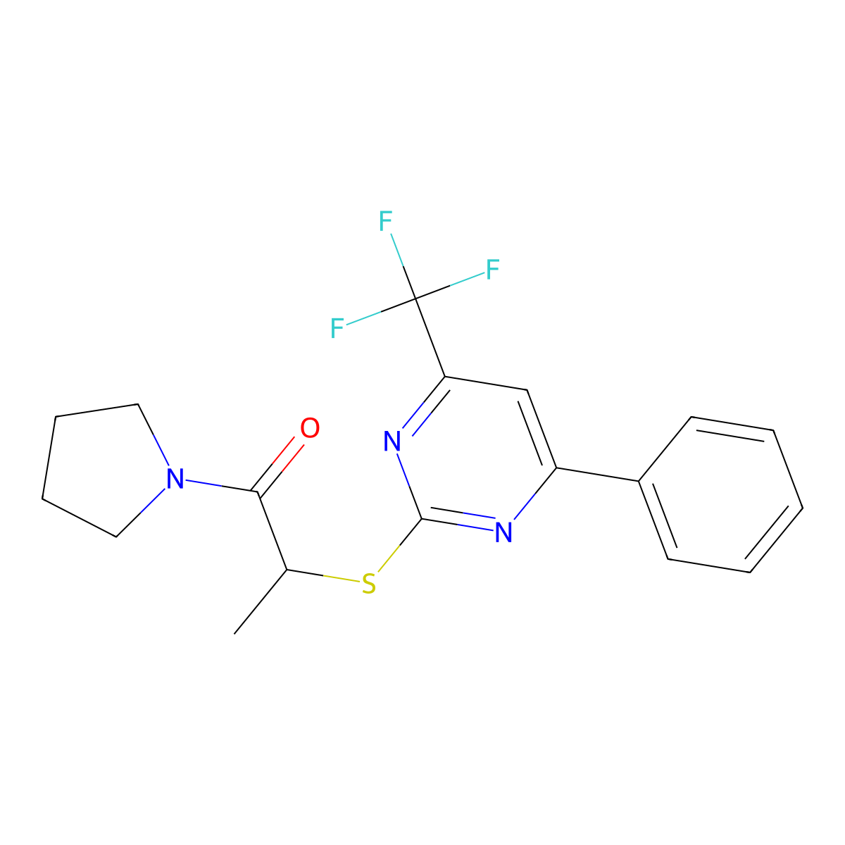 2-[4-Phenyl-6-(trifluoromethyl)pyrimidin-2-yl]sulfanyl-1-pyrrolidin-1-ylpropan-1-one molecular structure, CAS 505055-29-8